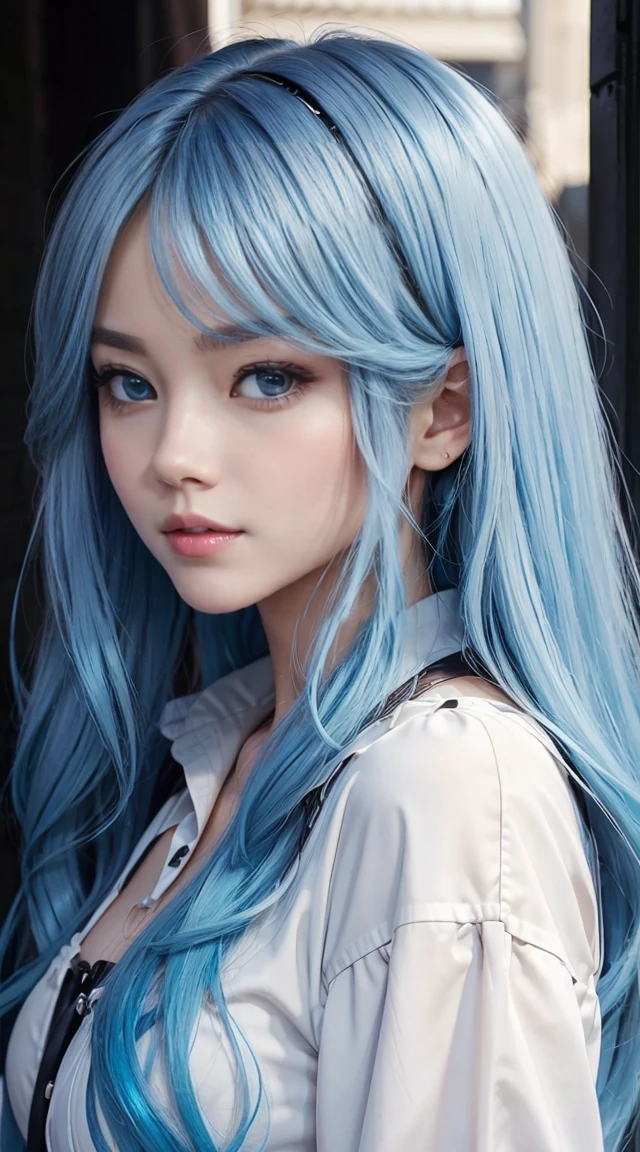 23-year-old Caucasian woman、Hair color is a gradient color、Eye color is blue、Semi-long、hair is wavy、I&#39;m wearing eyeshadow and lipstick、I&#39;m wearing a headband、accessories on wrist、Slender but well-proportioned muscular body、The navel is visible、She&#39;s wearing a low-rise short mini pleated skirt.、I&#39;m in an alley of brick buildings in an old western city、standing with legs crossed、hands on waist、a smile、Looking at the camera, one shoulder leather bag,blouse off shoulder,