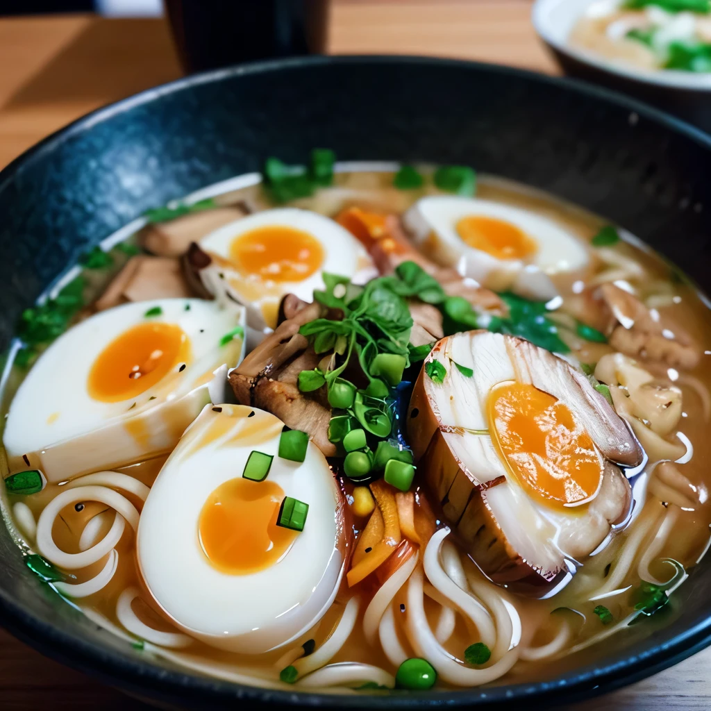 8K, ultra detailed, (realistic:1.2), masterpiece, (Ramen with heaps of chashu on top:1.2) ,BREAK Ramen restaurant,(close up)