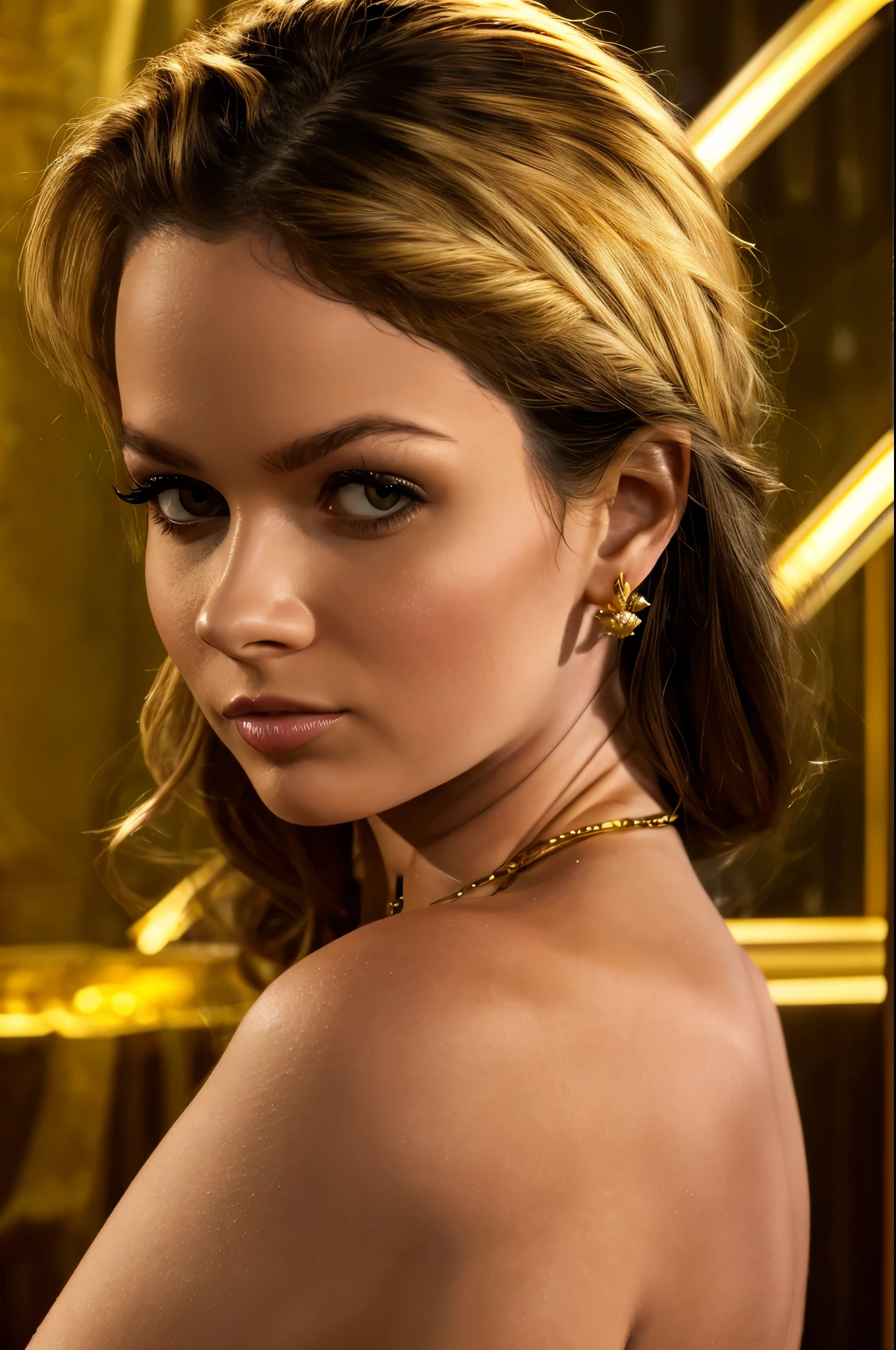 gold tattoos with a girl in rain with golden earrings, in the style of vray tracing, martin ansin, yuumei, poured, close up, dark white and gold, speedpainting, masterpiece, best quality,
