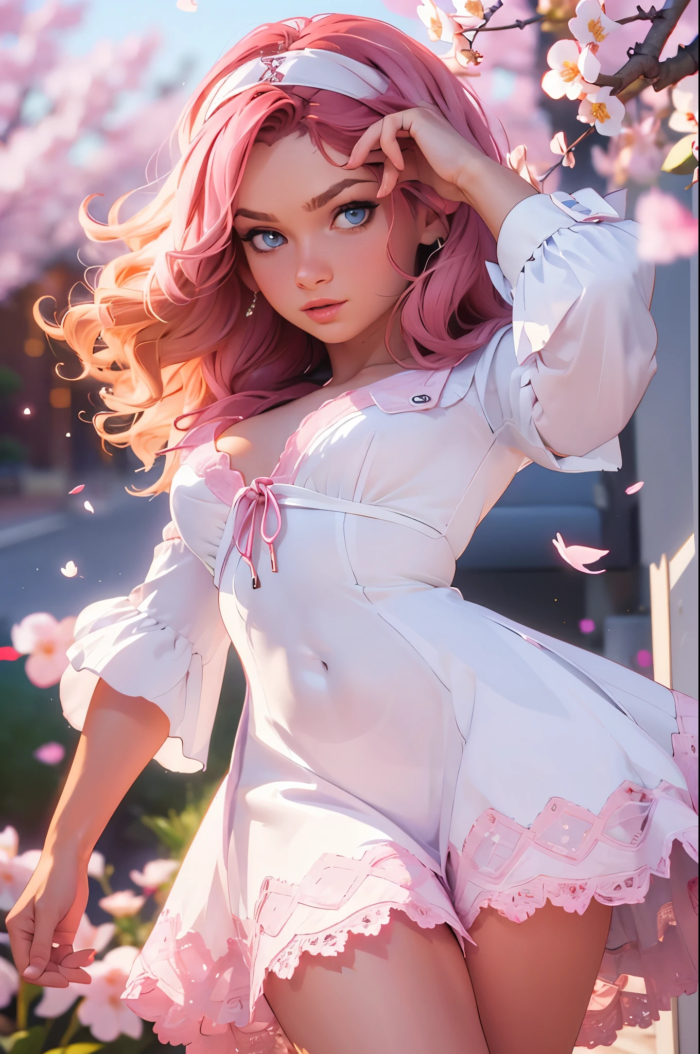 (CG unity 8k wallpaper extremely detailed) (better quality) (better lighting) (an extremely delicate and beautiful) (floating) (beautiful) (spring atmosphere) (1girl) (long pink hair), (hair headband), (detailed and beautiful blue eyes), ((very short white dress, pink lace underside), (lace), ((light transparent silk))), (cherry blossom petals), (butterflies), (dof), (volumetric light) cinematic lighting, chromatic aberration, Sony FE GM, textured skin, high details, highres, 8k, prinzzess