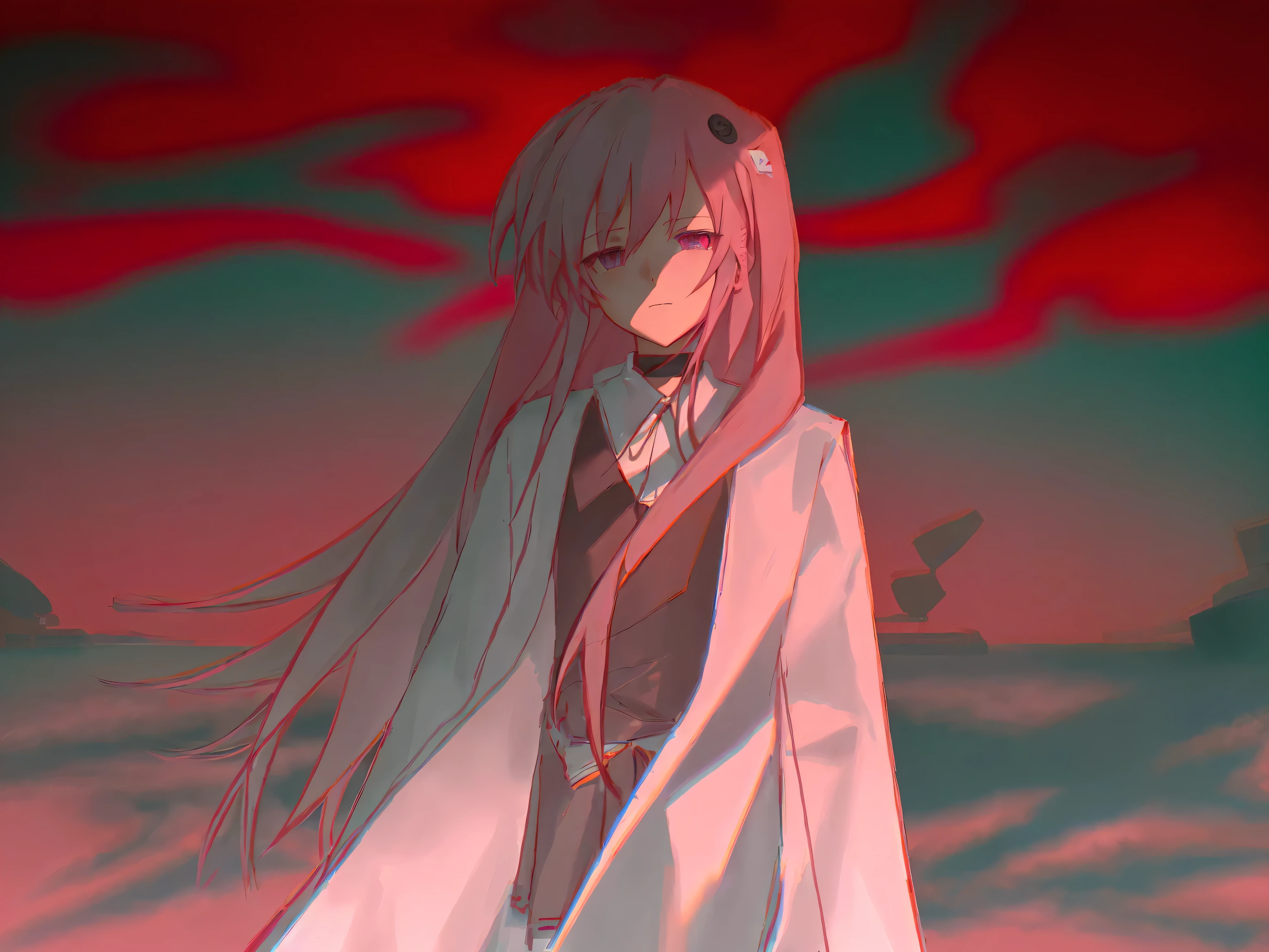 Anime man with long pink hair and white cape standing in front of red sky, Zero Two, kurisu Makise Steins;Gate anime, gapmoe Yandere, Yandere, Yandere. High, gapmoe Yandere grimdark, Future Diary, ufotable art style, Anime style like fate/overnight, Anime cute art style
