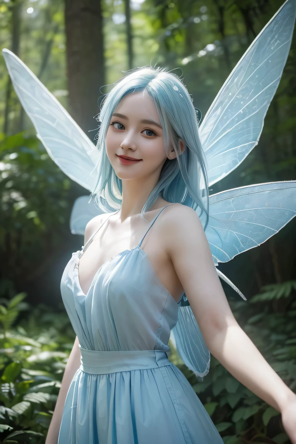 (best quality,masterpiece:1.2,high resolution, (realistic:1.4), RAW photography, 1fairy girl,pale blue dress,pale blue hair, in the light, deep shadows, subtle key, cold lighting,two wings on each side,smile,low exposure,forest,kindness,not background)