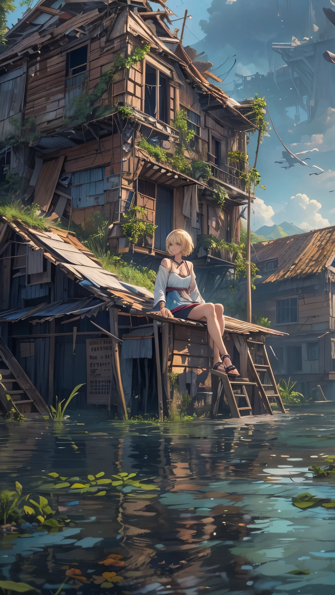 (best quality,4k,highres,ultra-detailed,realistic:1.2) Outside the submerged city,ruins,floating houses,collapsed houses,one 20years old woman,blonde short hair,sitting on the floating house