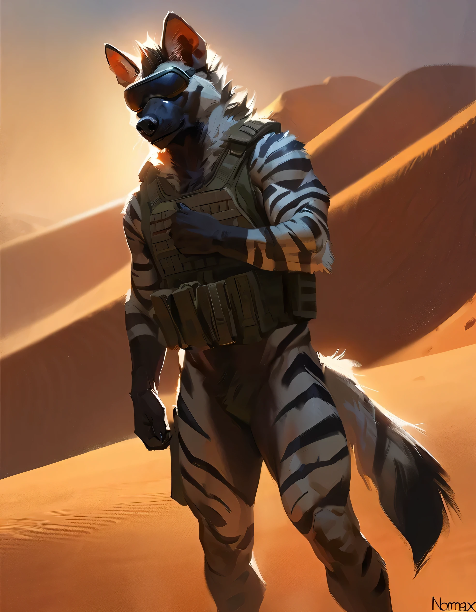 (striped hyena), (solo), male, anthro, (by nomax), (tail:1.3), (perfect hands), ((intricate detailed background, sahara desert background, dusk)), powerful silhouette, mysterious shadows), realistic shading, (epic, masterpiece, high quality, 8k, ultra HD, absurd res, top quality, best quality, max quality, masterpiece), ((thick fur, gray fur, beefy)), striped hyena tail, correct anatomy:1.2, ((mature male)), sexy, (standing, looking at viewer), wearing bulletproof vest, ((((wearing tactical doggles)))), 