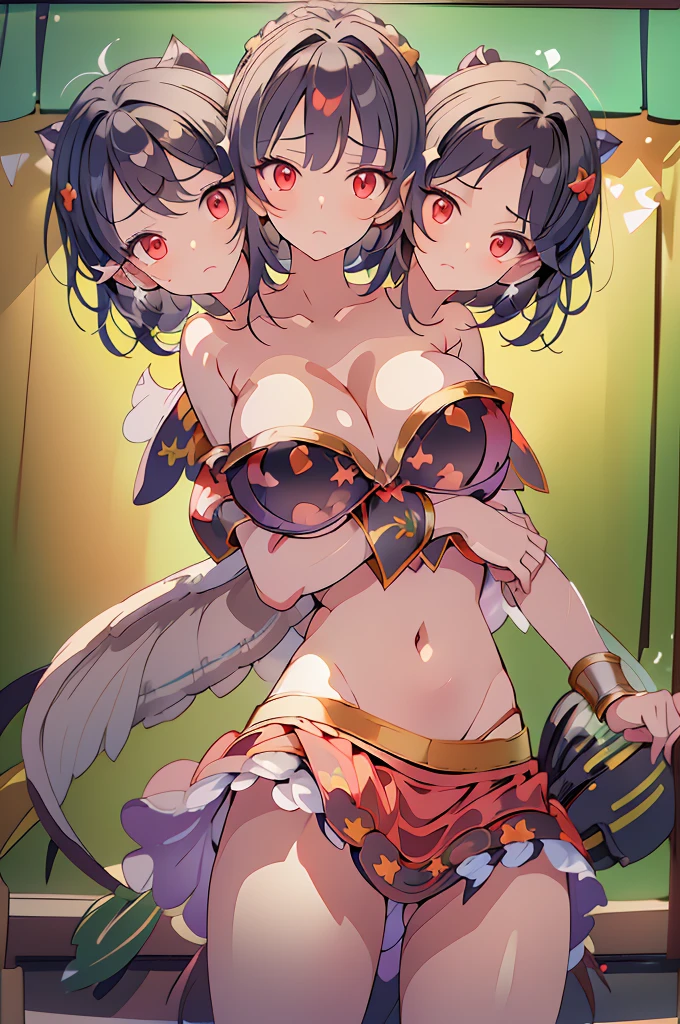 (masterpiece, best quality), best quality, (ultra-detailed), (3heads:1.5), 1girl, (seija kijin:1.3), masterpiece, best quality, ultra quality, ultra resolution, ultra detail, white top, crop top, ((stomach)), midriff, ((groin)), white skirt, frilled skirt, miniskirt, ends in gray, red, and black spade patterns, normal ears, shackles, black hair with white highlights, very long hair, wavy hair, sidelocks, red eyes, parted lips, very detailed eyes, sweat, cute, toned belly, hand on own chest, eyelashes, (24 year old woman:1.3), (masterpiece:1.5), (best quality:1.5), (beautiful detailed), extremely detailed CG, extremely delicate and beautiful, depth of field, (finely detailed face), (perfect details:1.3), (mature female:1.3), wide pelvis, slender, large veiny breast, 16k resolution, highres, high quality, high definition, extremely detailed, masterpiece, black hair with white highlights, long hair, alluring presence, twin braid, short skirt, close up, very big tits, huge tits, young, two small, light blue horns, nsfw,