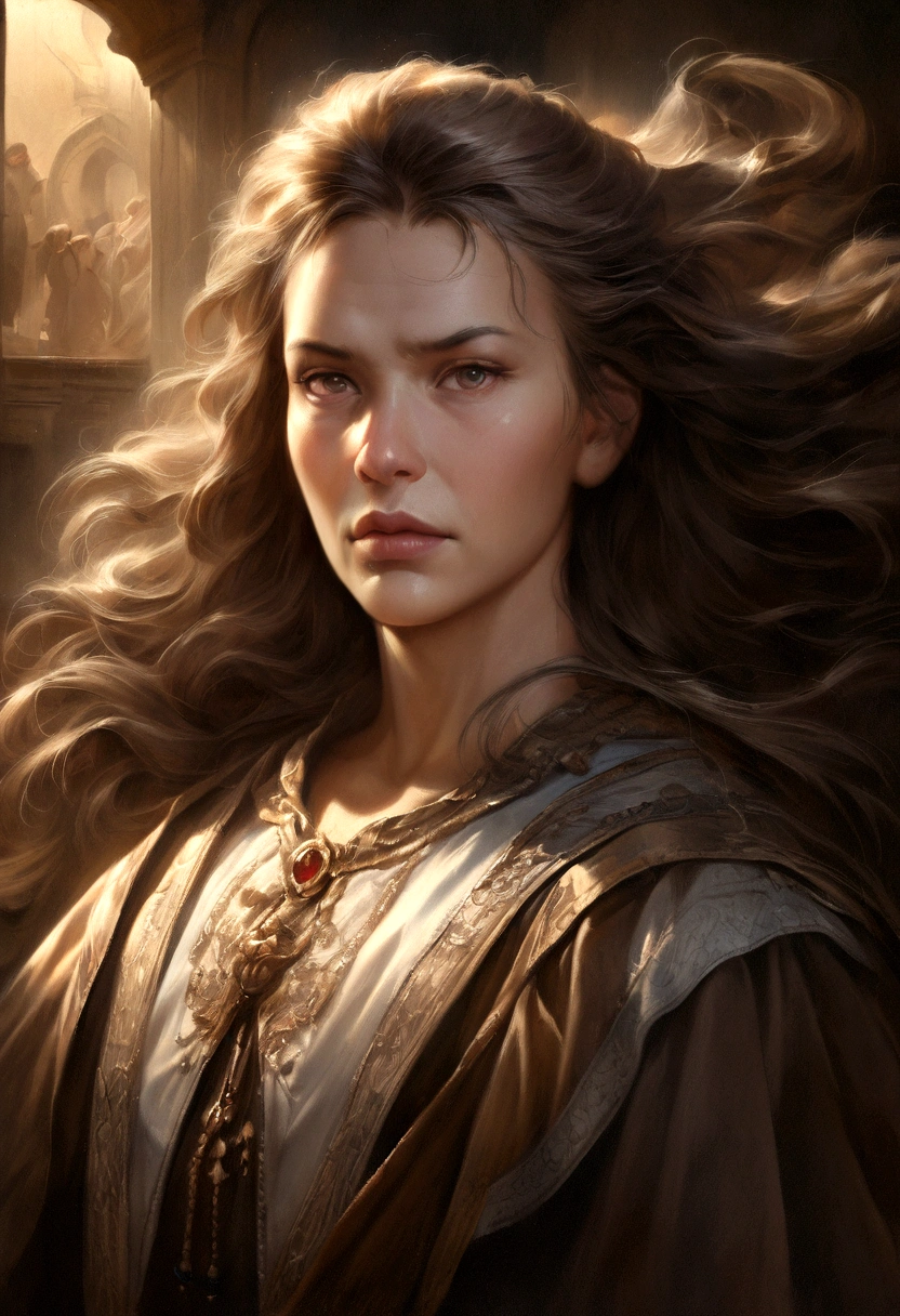 (Realistic,High resolution) Detailed portraits of historical figures, Detailed oil painting, Realistic lighting, intense expression, Complex features, Aged appearance, Wise Eye, Strong jawline, long flowing hair, Historical clothing, Majestic Background, Reminiscent of the Renaissance, Dramatic lighting