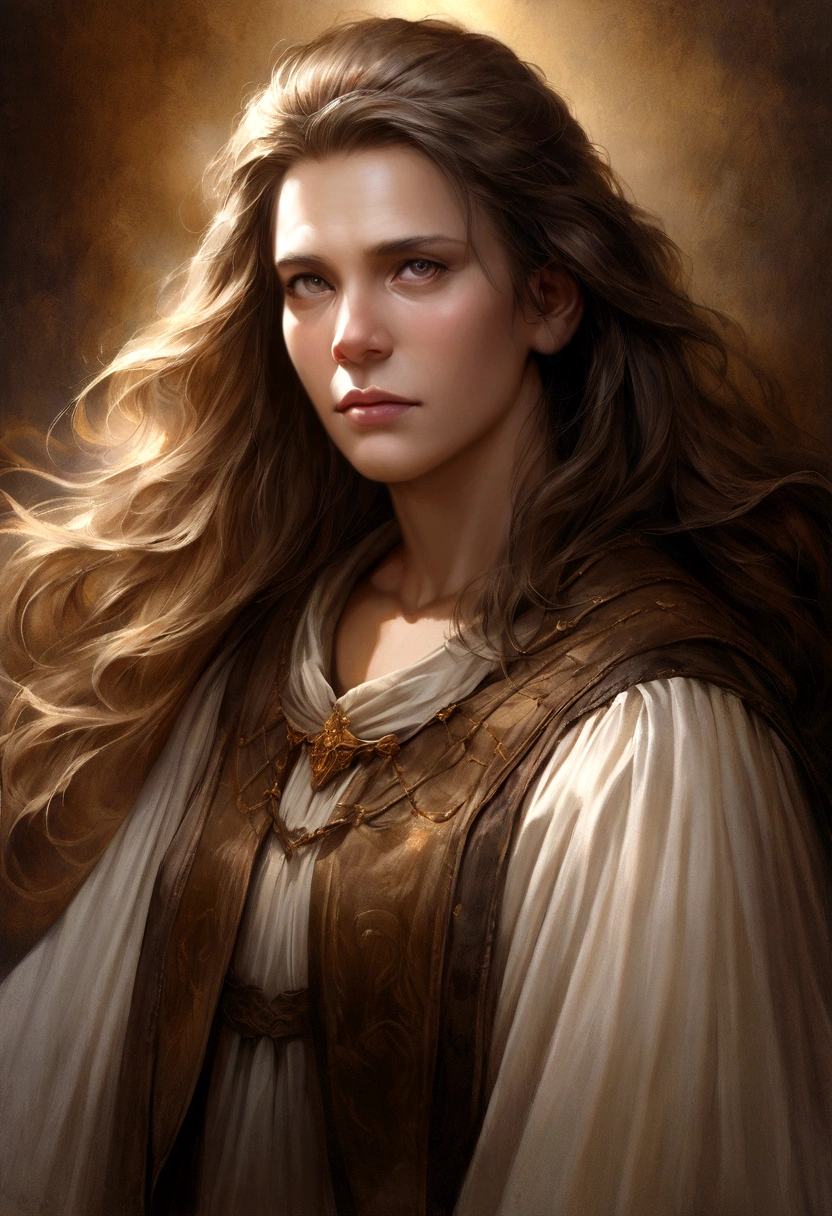 (Realistic,High resolution) Detailed portraits of historical figures, Detailed oil painting, Realistic lighting, intense expression, Complex features, Aged appearance, Wise Eye, Strong jawline, long flowing hair, Historical clothing, Majestic Background, Reminiscent of the Renaissance, Dramatic lighting