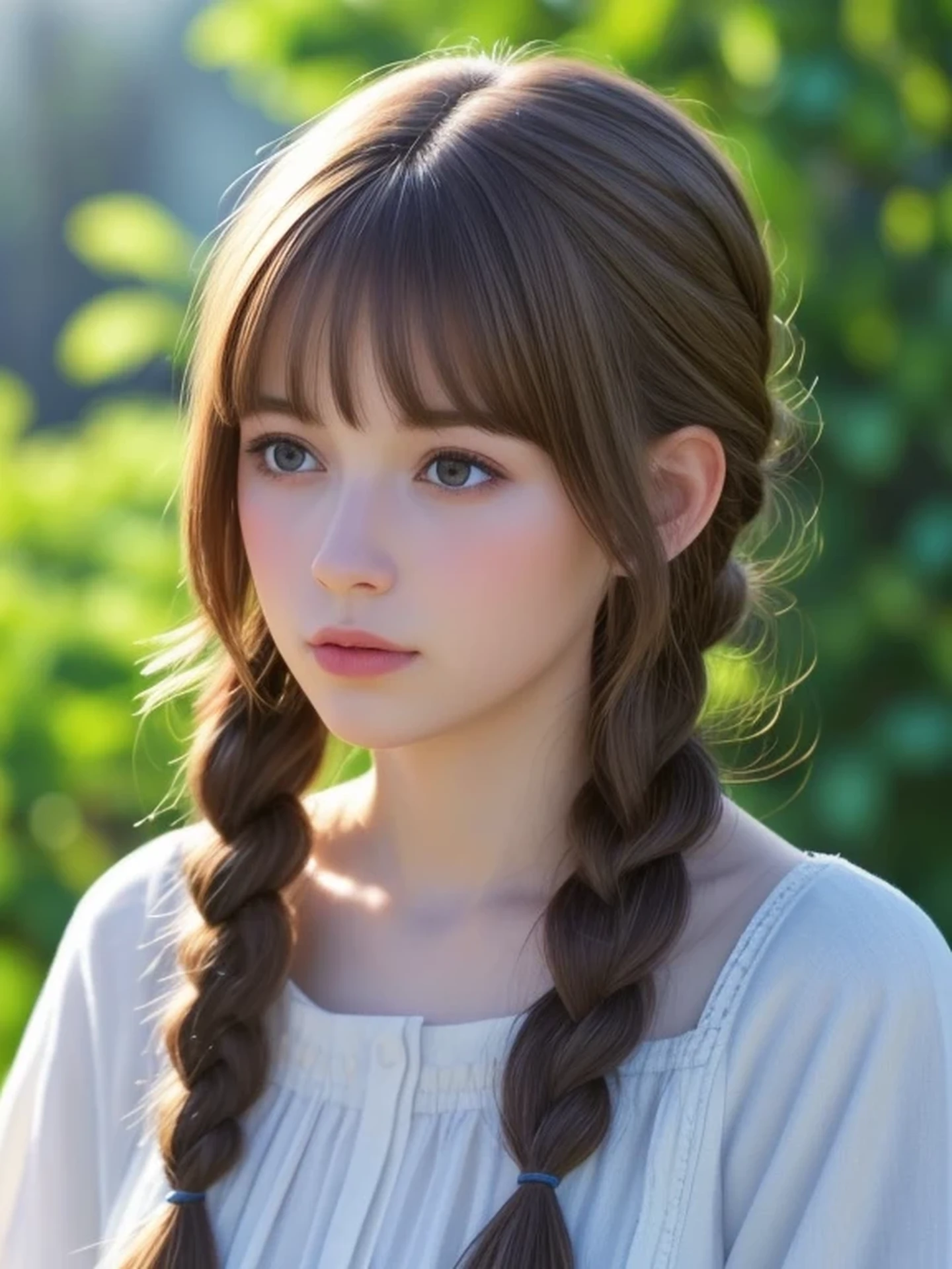 1 Japanese girl, (looking away:1.4), (upper body shot:1.2), Beautifully detailed eyeballs, catchlight in the eyes, Realistic digital painting of a woman portrait, Shy,  Cute,  open mouth to say something, sad, brown eyes,  (braid hair:1.1), (light brown brunette hair:1.3), (Highly detailed skin:1.2), Mystical style, Global Illumination,