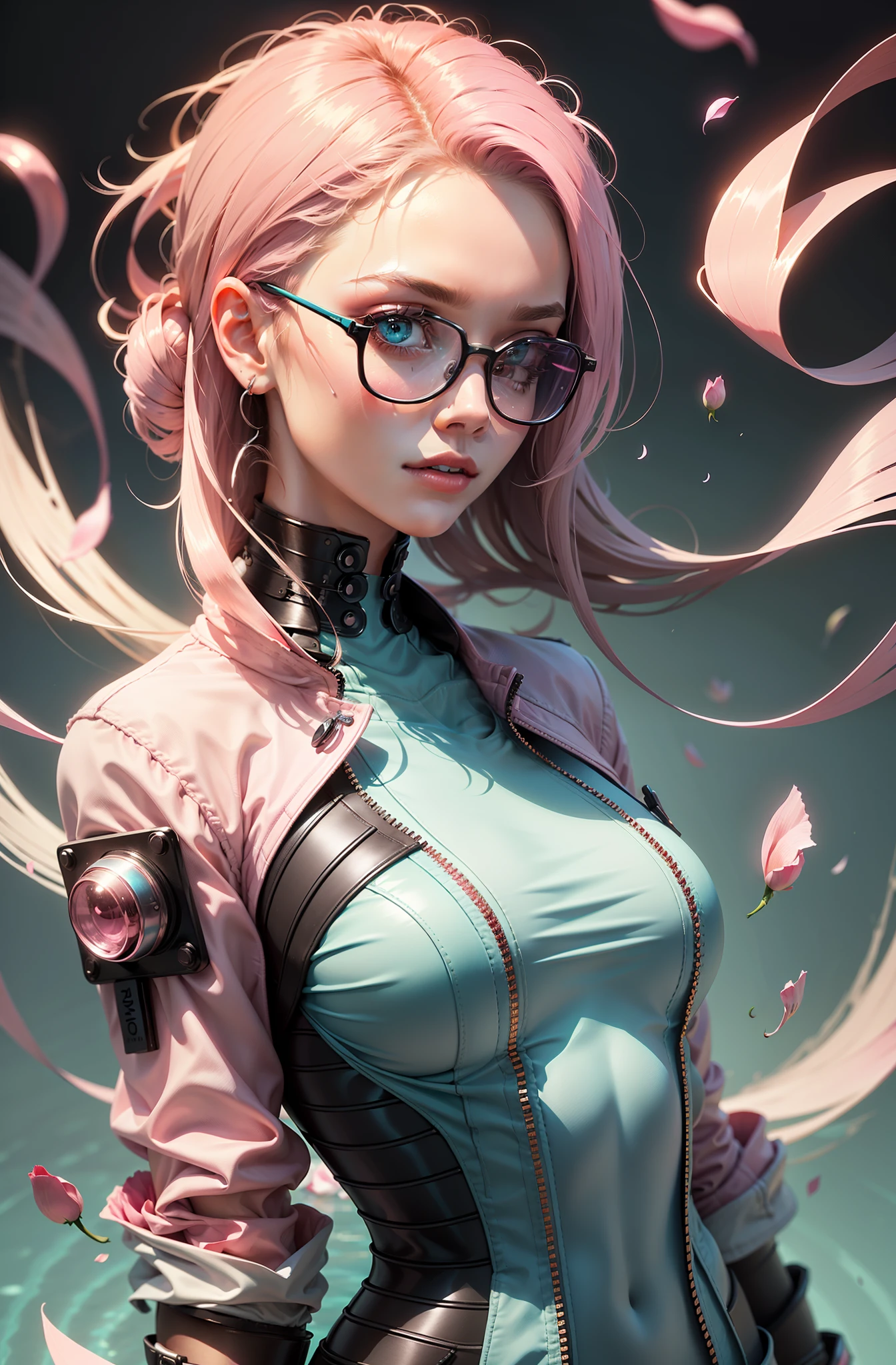 cyberpunk female woman wearing (Rose Quartz Pink Denim Jacket with chromatic accents:1.1), sleek full bodysuit, wearing sharp retro glasses, (Petal Blush,Lagoon Blue color background:1.3), art style of Patrick Nagel