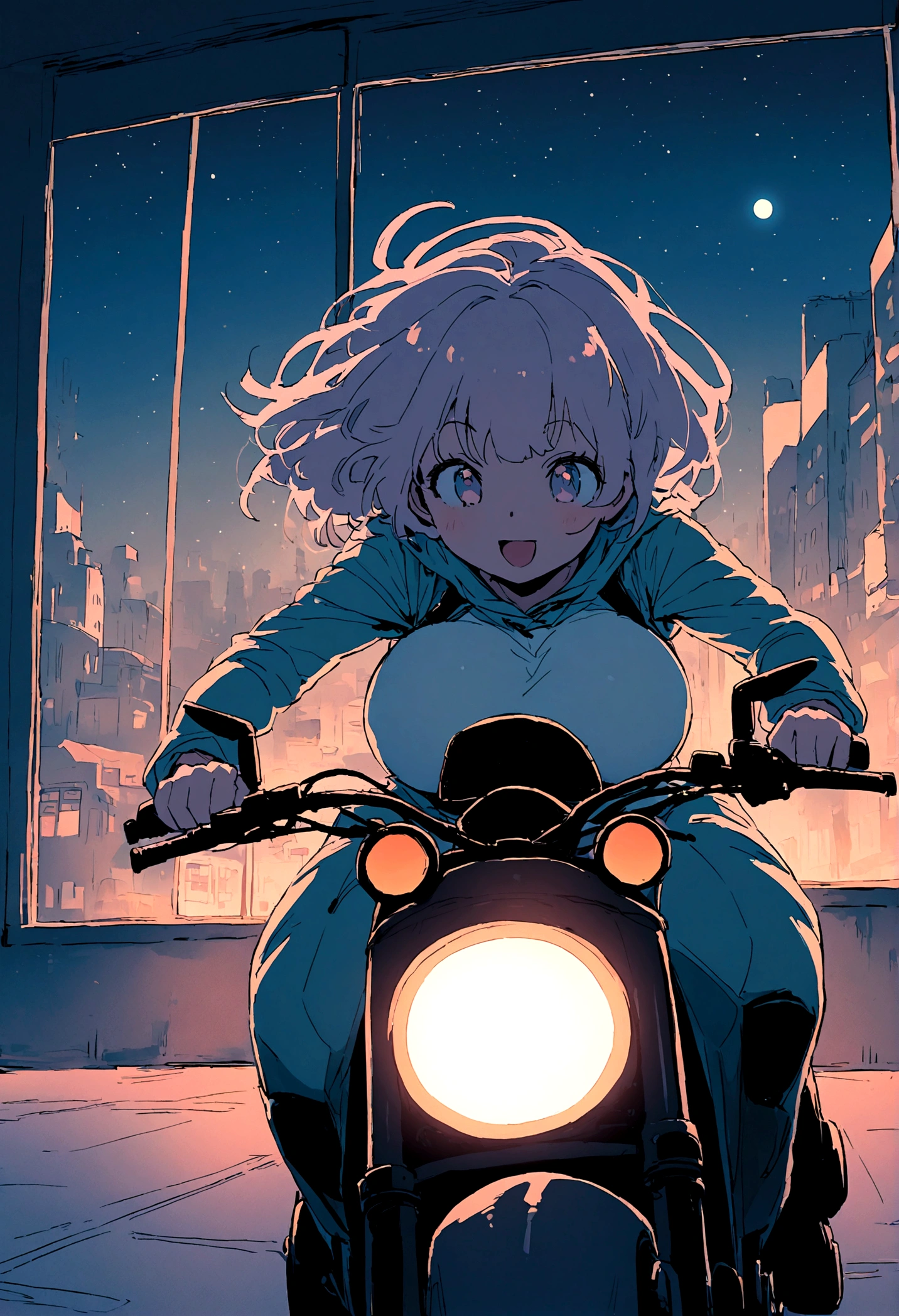 portrait、512、lofi、Girl with bike、City view outside the window、night、Pastel colors、Painting, lots of stars and moon, super big breast,Riding a motorcycle and going for a run.