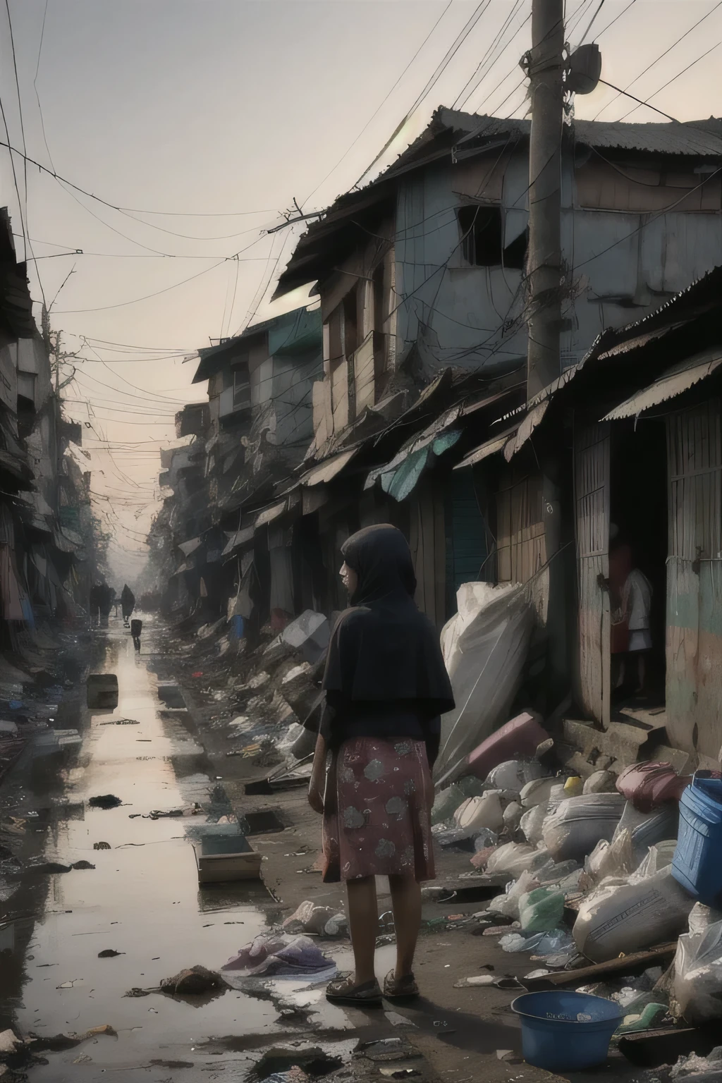 1 girl, stand in front, portrait of slumparea full of trash at jakarta, trash can, garbage, trash, plastic bag, dirty, slum city, poverty,  dim light, epic, cityscape, dawn, clear sky, tree, railroad, cable, dramatic, river