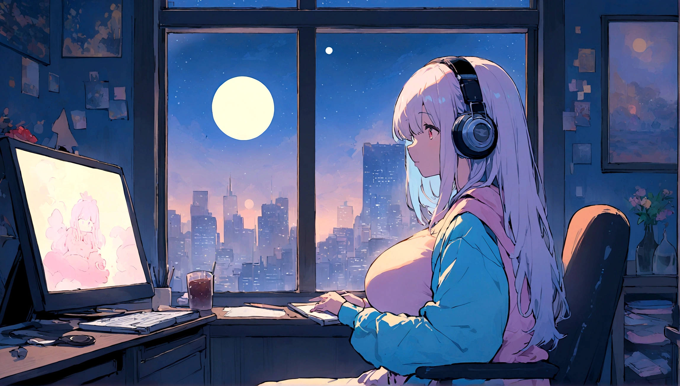 portrait、512、lofi、Girl with headphones sitting in a chair studying、City view outside the window、night、Pastel colors、Painting, lots of stars and moon, super big breast,pank rock