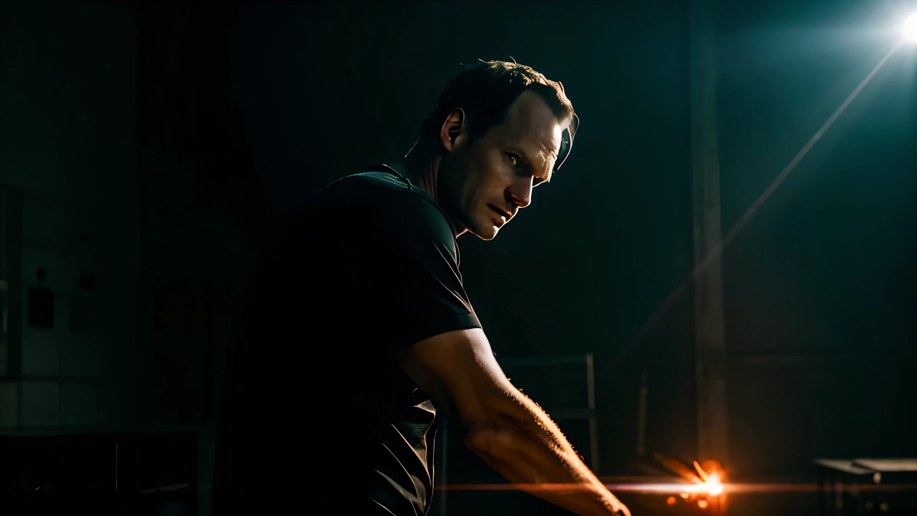 Jurassic Horror Patrick Wilson wearing Scala Panama in a abandoned lab photography, natural light, photorealism, cinematic rendering, ray tracing, the highest quality, the highest detail, Cinematic, Third-Person View, Blur Effect, Long Exposure, 8K, Ultra-HD, Natural Lighting, Moody Lighting, Red light Cinematic Lighting flare