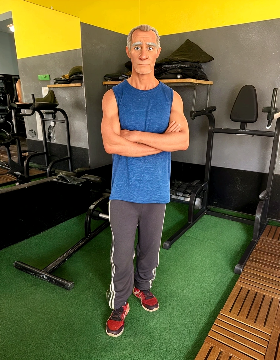 chiseled man standing in a gym with his arms crossed, ele tem cerca de 6 0 anos, ele tem cerca de 60 anos, ele tem cerca de 7 0 anos, ele tem cerca de 50 anos, ele tem cerca de 5 0 anos, ele tem cerca de 40 anos, ele tem cerca de 4 0 anos, foto de corpo inteiro de Steve