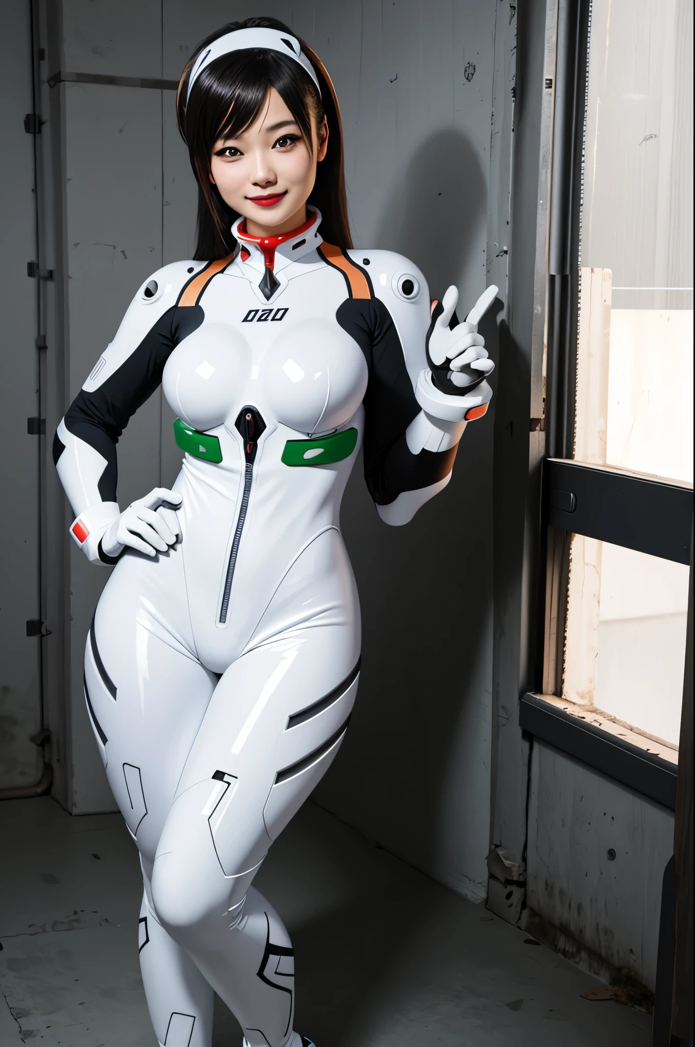 ((Masterpiece, best quality, edgQuality)) smiling, solo, 1girl, edgPlugsuit, breasts, full body, hairband, skin tight, hands on hips, wearing edgPlugsuit bodysuit 