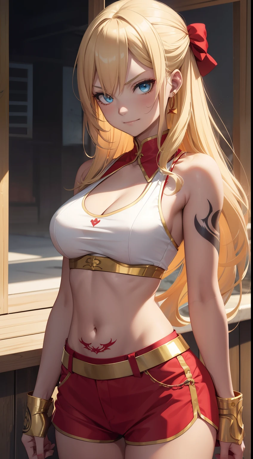 young girl, longue blonde hair, Hairpin with a bundle, turquoise eyes, Yakuza tattoos, red tight uniform, Sleeveless, Wide neckline on the chest to the abdomen, Gold Elements, Red gold armor, Shorts, claws, smirk, Masterpiece, hiquality, 4k, HD, Good detail