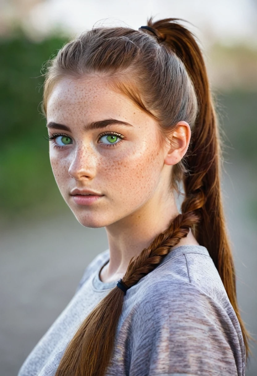 Teen girl with a ponytail, freckles, green eyes and brown hair 