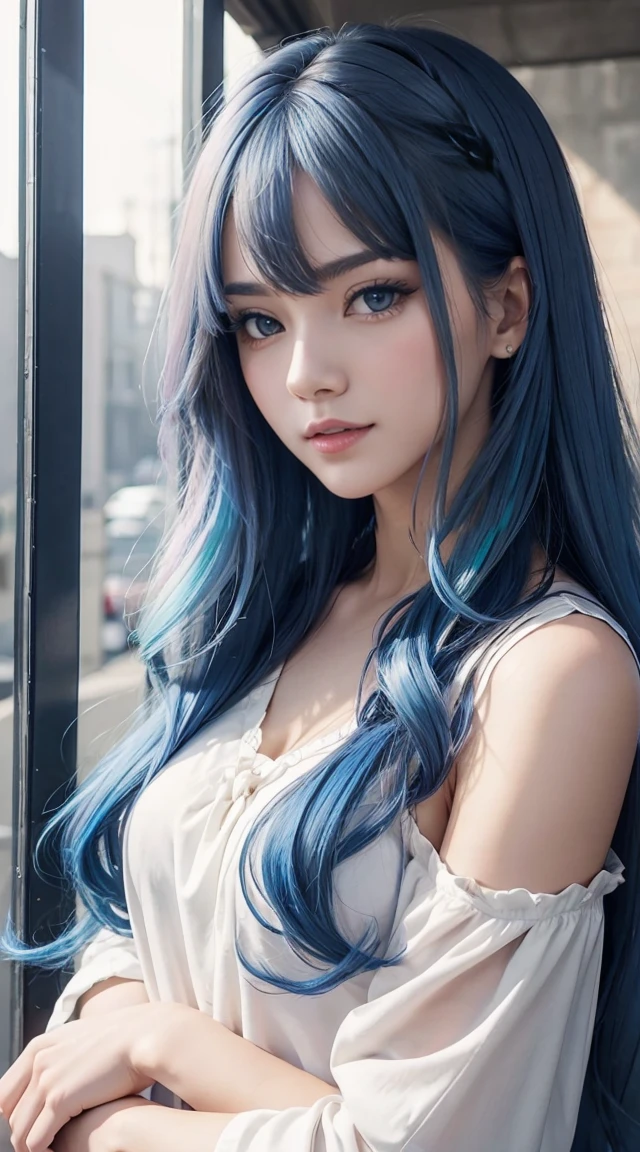 25-year-old Caucasian woman、Hair color is a gradient color、Eye color is blue、Semi-long、hair is wavy、I'm wearing eyeshadow and lipstick、I'm wearing a headband、accessories on wrist、Slender but well-proportioned muscular body、The navel is visible、wearing a tie front shirt、She's wearing a low-rise mini pleated skirt.、I'm in an alley of brick buildings in an old western city、standing with legs crossed、hands on waist、a smile、Looking at the camera