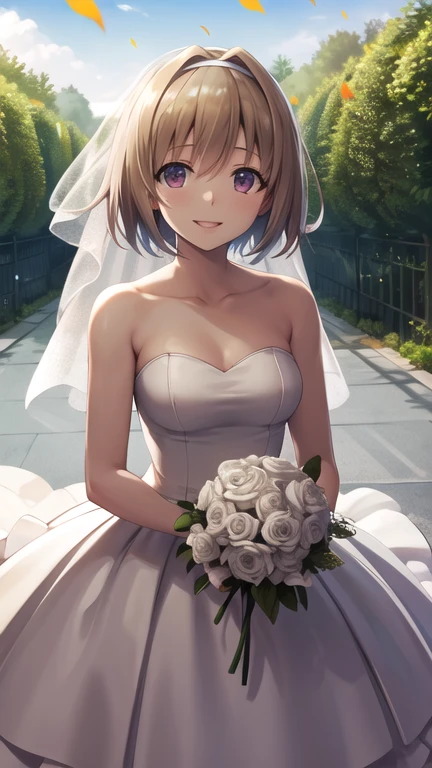 masterpiece, best quality, highres, aakikyo, short hair, hair intakes, white hairband, wedding dress, white dress, white gloves, bridal veil, holding bouquet, garden, confetti, smile, flower, cowboy shot