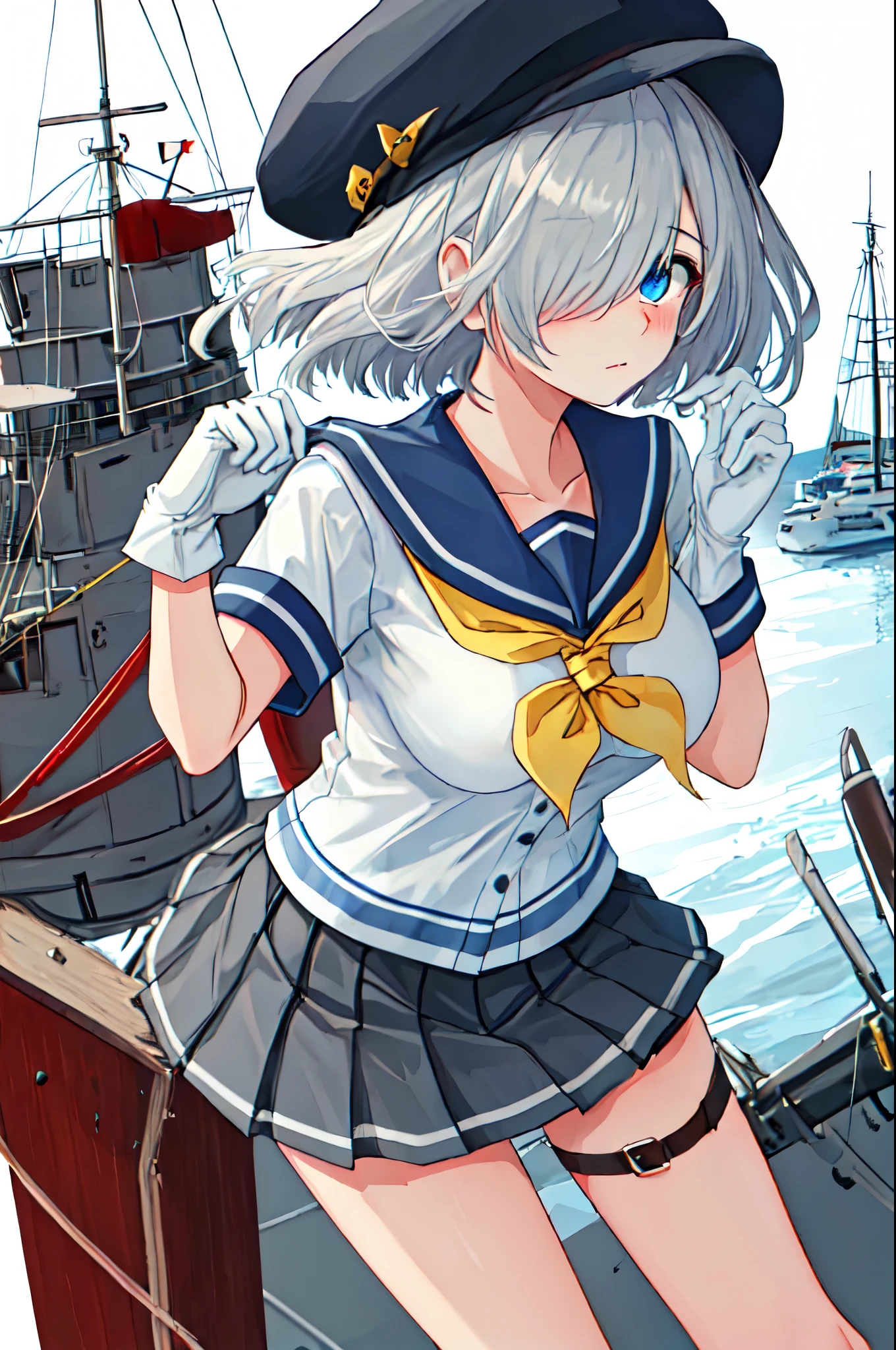 best quality, masterpiece, highres, solo, {hamakaze_kantaicollection:0.90}, 1girl, black_pantyhose, pleated_skirt, serafuku, short_sleeves, simple_background, white_background, yellow_neckerchief, white_gloves, looking_at_viewer, grey_skirt, blush, eyes_visible_through_hair, blue_sailor_collar, dynamic_posing,long_bangs,hair_over_one_eye,harbor_school_background,outdoor,