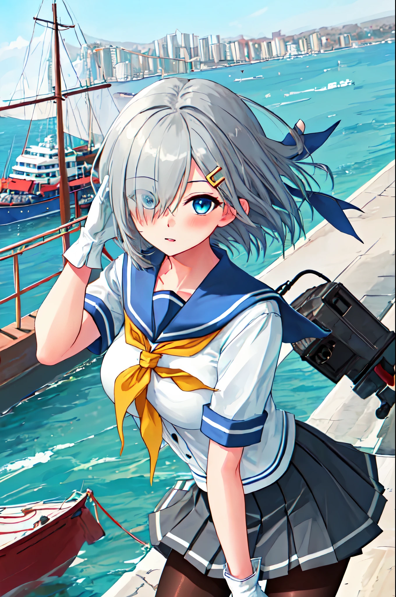 best quality, masterpiece, highres, solo, {hamakaze_kantaicollection:0.90}, 1girl, black_pantyhose, pleated_skirt, serafuku, short_sleeves, simple_background, white_background, yellow_neckerchief, white_gloves, looking_at_viewer, grey_skirt, blush, eyes_visible_through_hair, blue_sailor_collar, dynamic_posing,long_bangs,hair_over_one_eye,harbor_school_background,outdoor,