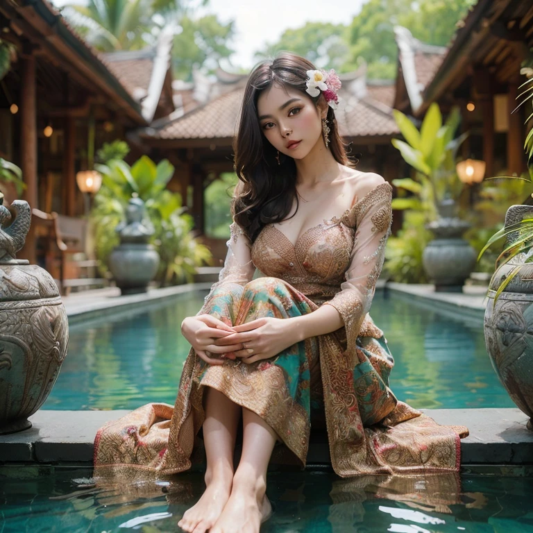 arafed woman with large round breast, sitting on a mat in a pool with a statue in the background, wear transparent kebaya, transparant sleeves, traditional beauty, with beautiful exotic, traditional, cute woman, traditional art, beautiful woman, beautiful goddess, beautiful oriental woman, traditional dress, traditional clothes, gorgeous woman, beautiful asian girl, stunning elegant pose, beautiful model, wearing an ornate outfit, stunning woman, beautiful asian woman, masterpiece, best quality:1.2),(8k,highres,RAW photo,realistic,photo-realistic:1.3),(detailed skin texture,detailed cloth texture,beautiful detailed face:1.25),professional lighting,photon mapping,beautiful soft light,radiosity,physically-based rendering,model shoot style, model shoot style, (extremely detailed CG unity 8k wallpaper), full shot body photo of the most beautiful artwork in the world, complex 3d render ultra detailed, looking at viewer, 18 yo, wet hair, real human skin, vibrant details, hyperrealistic, beautiful, octane render, an extremely delicate and beautiful, extremely detailed ,CG ,unity ,wallpaper,Amazing, finely detail,official art,extreme detailed eyes, (perfect face), shiny skin, colorful, highest detailed, vibrant colors, ultra high res, (high contrast), intricate, lens flare, (((nsfw))), (((nipples)))