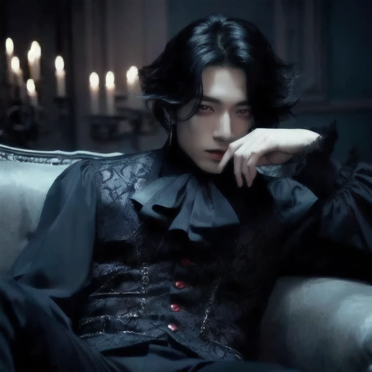 Arafed man in black shirt and black pants sitting on a sofa., handsome male vampiro, androgynous vampiro, l vampiro, male vampiro, victorian vampiro, vampiro fashion, es muy amenazante y malvado, vampiro lord, cai xukun, alucard, gothic horror vibes, elegant victorian vampiro, handsome japanese demon boy, vampiro