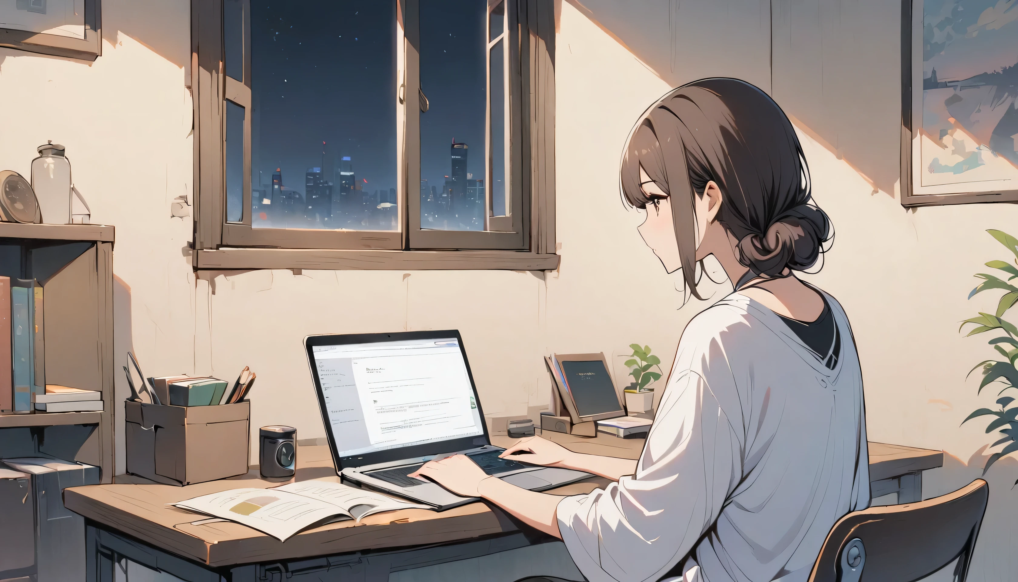 A beautiful anime-style illustration of a young woman studying in her living room at night、The room is dimly lit, creating a cozy atmosphere、The woman has short brown hair, is wearing casual clothes, and is sitting at a desk with an open laptop and various books scattered around、Through the window behind her, a stunning view of Tokyo's skyscrapers lit up against the night sky can be seen、The room is filled with soft, ambient light, enhancing the lo-fi aesthetic perfect for background music.
