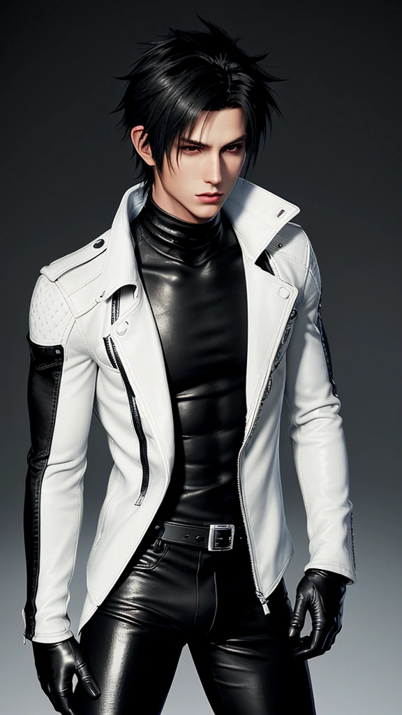 Final fantasy taste and reality graphics, Japanese young cute and cool boy, thin eyebrows and beady eyes, he wearing off white color leather thick singlebrest biker jacket, with epaulet, jacket zipped, jacket is biker style, , jacket collar is high length stand-up collar with belts, jacket is a little black line pattern, also wearing black thick turtleneck shirts, tight black leather pants, shiny black leather tight and thin glove, black leather knee-high raceup boots,views head-to-toe,views whole body, boy looks like fashion model,Do not show skin from the neck down,leather jacket leather glove and leather pants have few wrinkles,boy in the room,