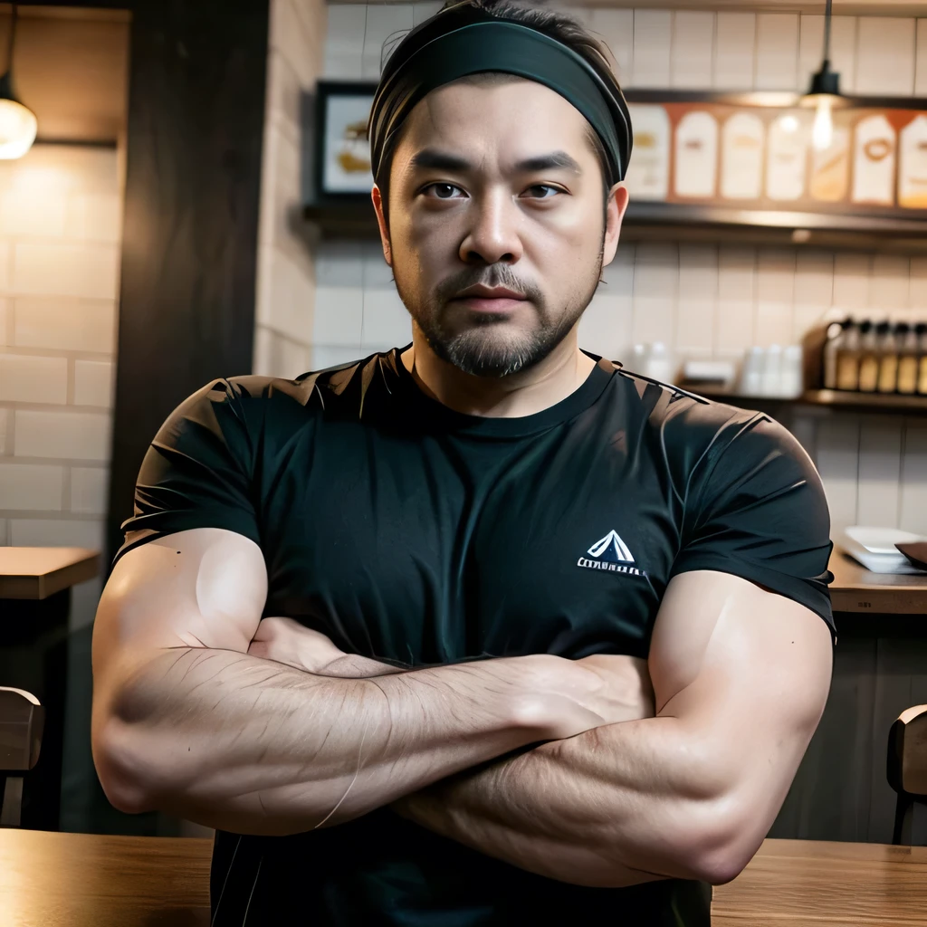 8K, ultra detailed, (realistic:1.2), masterpiece, 40yo, A man wearing a black T-shirt and a white bandana on his head, crossed arms, (fat, muscular:1.0), Ramen restaurant kitchen, standing