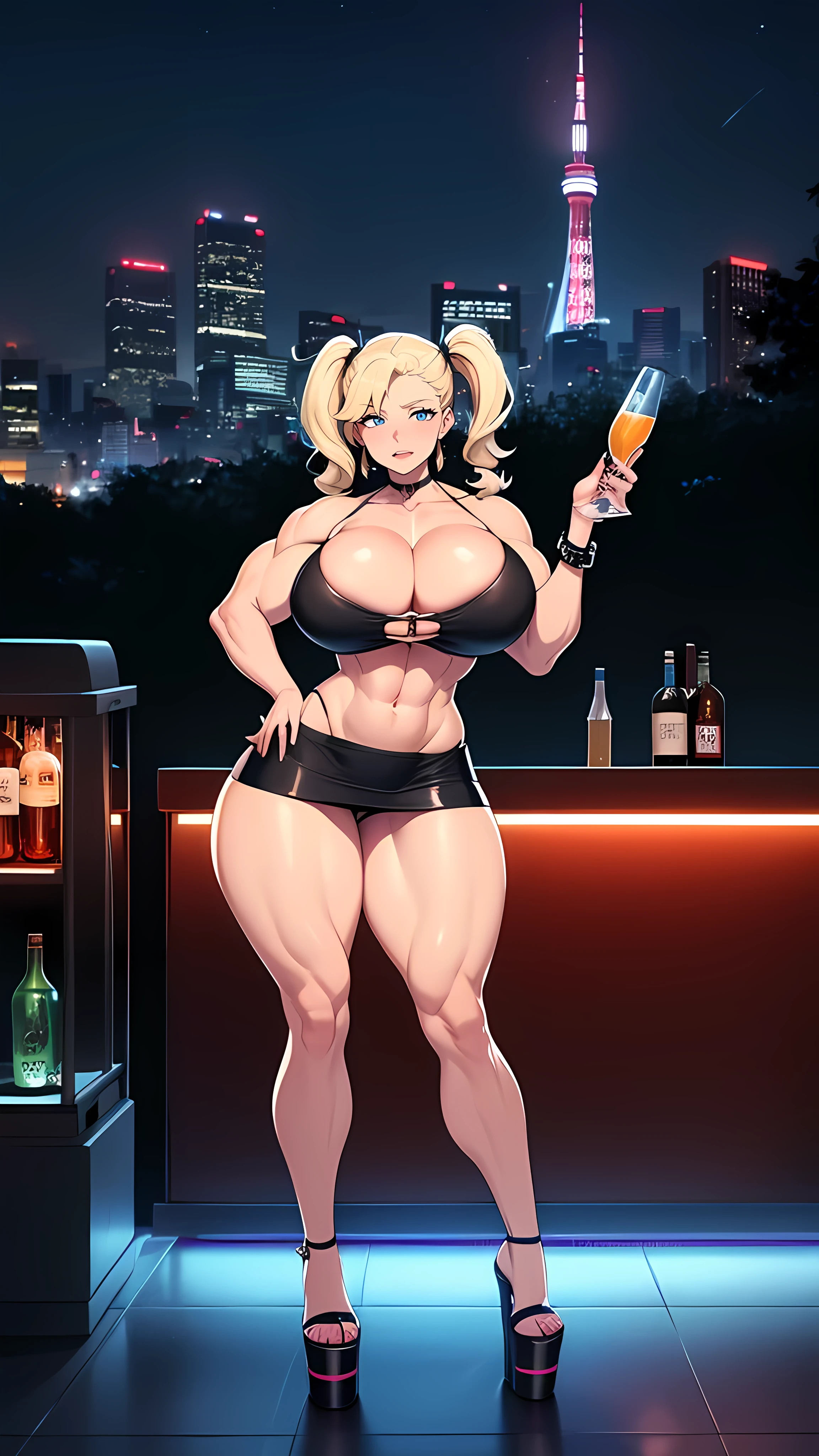 (((massive female bodybuilder))), full body
1girl, (((bimbo))),(hoop earrings, puffy lips, painted lips, thick lips) ((platform heels))
blonde hair, (short twintails) (wide hips:1.2), ((Long Legs:1.2)), thick thighs, bursting breasts, huge ass
(full skirt),navel, tube top, o-ring top,
Nightlife, Night city, Cyberpunk city, futuristic cityscape. Neon lights, (skyscraper), Tokyo tower, palm tree, cloth sign, ramen stall, night club. bright city lights, exotic car. alcohol, bar, ramen, soup stall ,alcohol bottles, ((crowded background)), ((Paparazzi)), detailed sky, cloudy sky