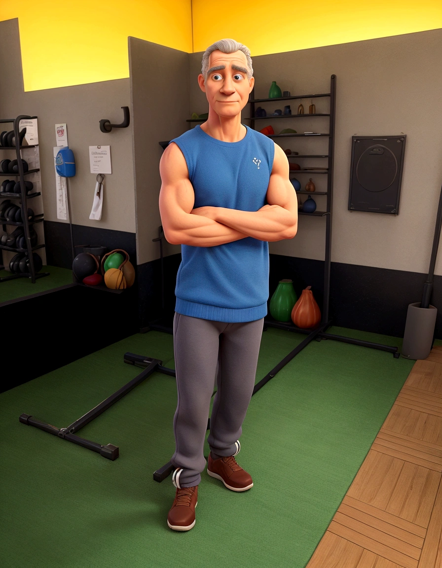 chiseled man standing in a gym with his arms crossed, ele tem cerca de 6 0 anos, ele tem cerca de 60 anos, ele tem cerca de 7 0 anos, ele tem cerca de 50 anos, ele tem cerca de 5 0 anos, ele tem cerca de 40 anos, ele tem cerca de 4 0 anos, foto de corpo inteiro de Steve