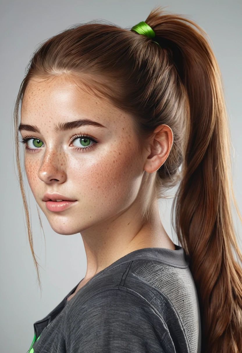 Teen girl with a ponytail, freckles, green eyes and brown hair Beautiful realistic 