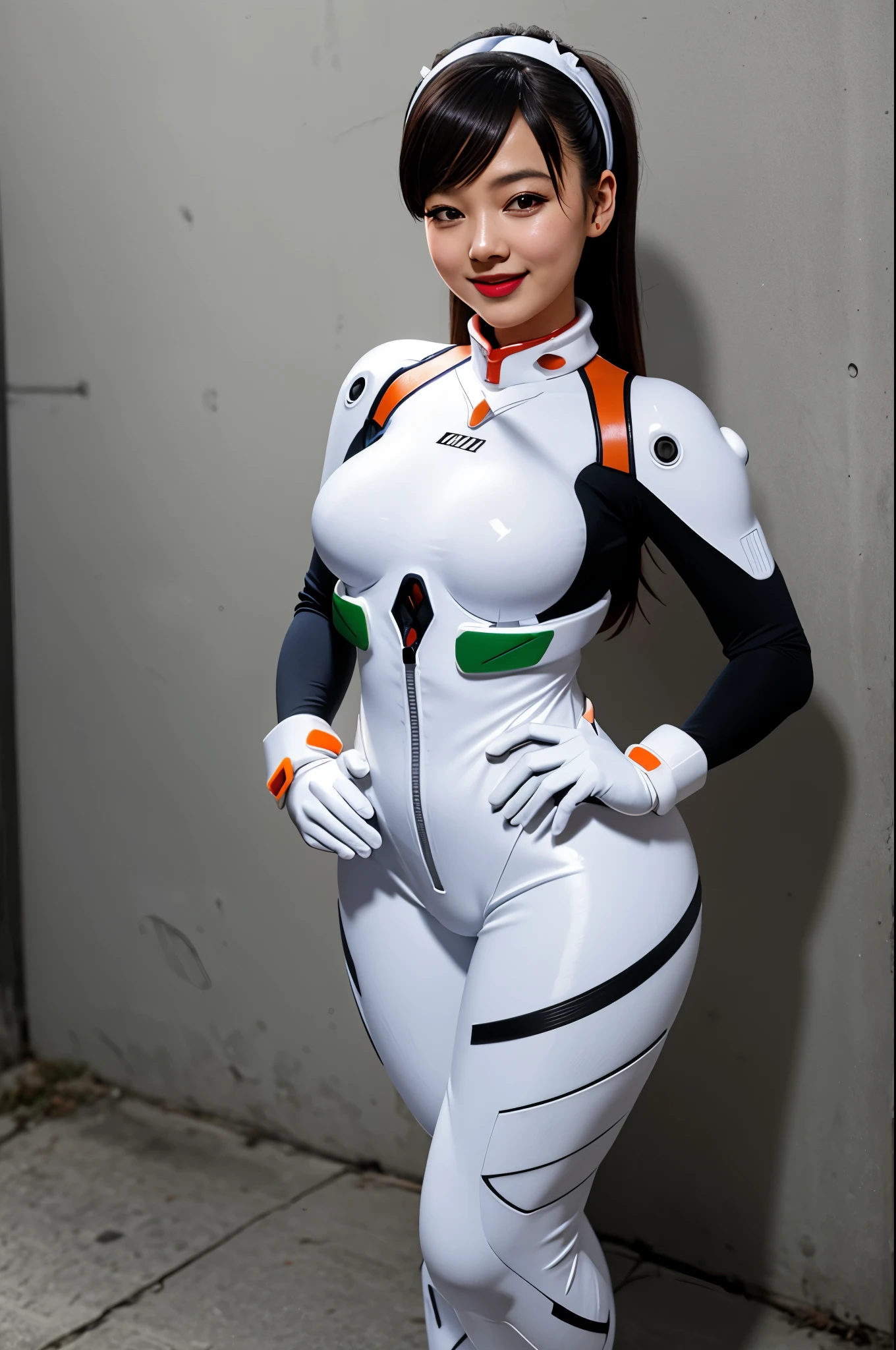 ((Masterpiece, best quality, edgQuality)) smiling, solo, 1girl, edgPlugsuit, breasts, full body, hairband, skin tight, hands on hips, wearing edgPlugsuit bodysuit 