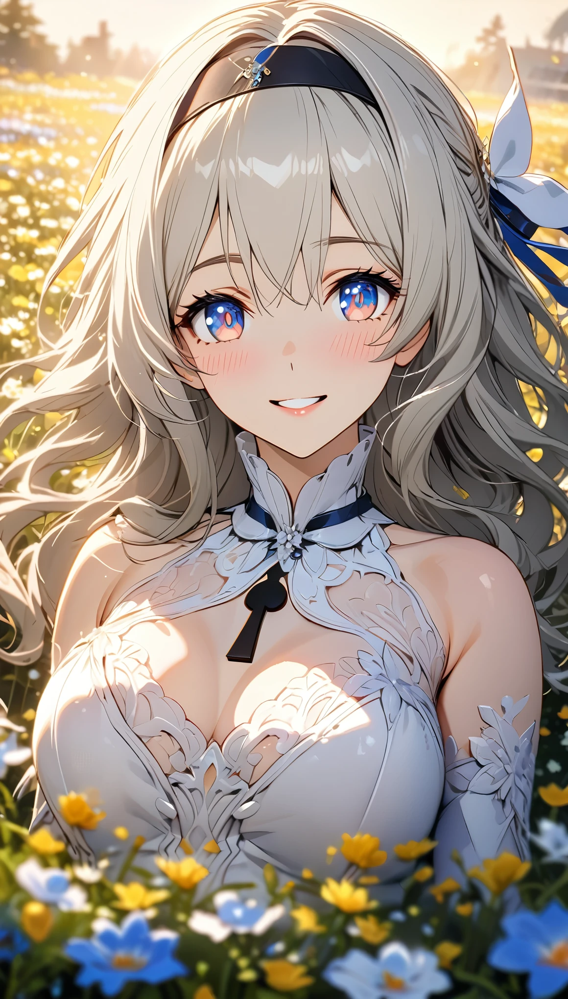 beautiful girl, long grey hair, beautiful face,smiling,close up to hips, beautiful breast, in the middle of flowers field, wearing beautiful wedding dress, (open mouth:0.4),illustration,detailed textures(realists),ultra-detailed,portrait style,vivid colors,soft lighting, blushing, mature, hair fluttering, evening light , head band, keyhole cleavages 