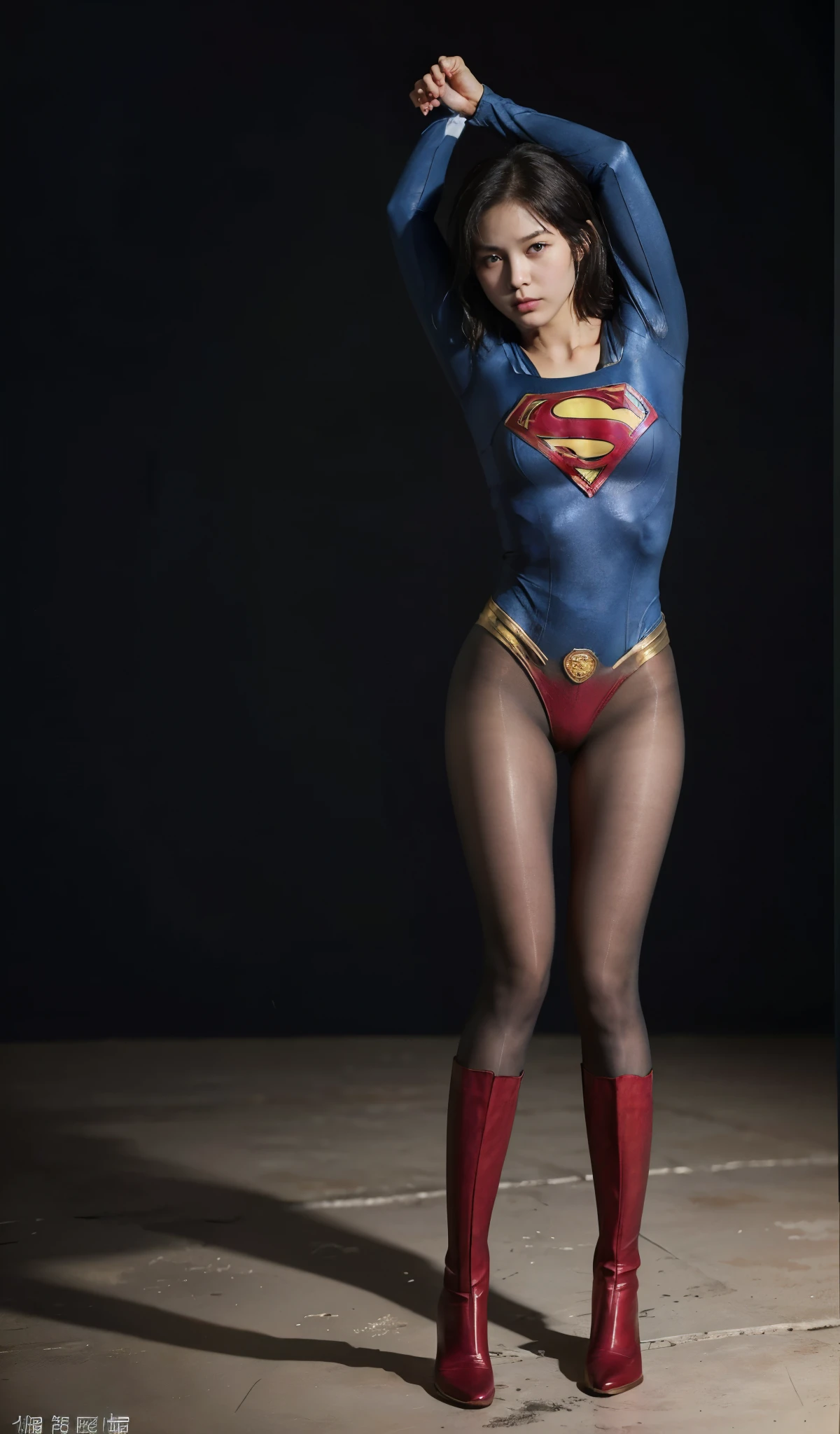 No background、extinct、She always has a troubled look on her face、Always close your eyes、Always keep your arms upおく、Always keep your arms up、(((Beautiful legs in black tights.)))、(((Stretch your legs、expensive、あなたのsufferingを合法的に表現する)))、((((Make the most of your original images)))、(((Supergirl Costume)))、(((Beautiful short bob hair)))、(((suffering)))、(((Black tights legs、Wear red boots)))、((Best image quality、8k))、((highest quality、8k、masterpiece:1.3))、(((Preserve background )))、Sharp focus:1.2、Beautiful woman with perfect figure:1.4、Slim Abs:1.2、Wet body:1.5、Highly detailed face and skin texture、8k