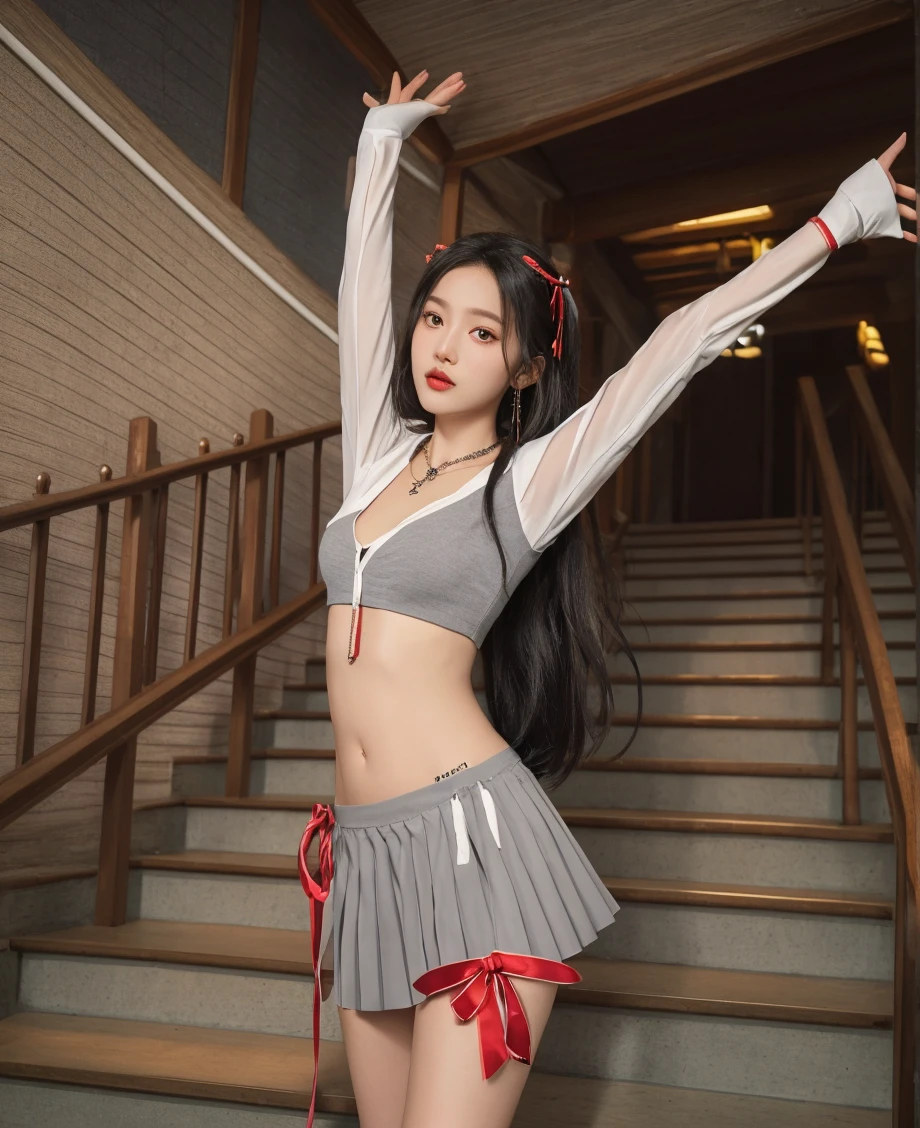 (RAW photo, Best quality, Mastery:1.2), (Realistic, photo-realistic:1.4),(Masterpiece:1.4),(Best quality:1.4),1girll, Solo, :D, Ear headphones, beast ear, Arms up，By bangs，Be red in the face，Tights，nedium breasts， exposed，rabbit pose，Clothes writing，Cover the navel，cowboy lens，Cropped jacket，fakeanimalears，mitts，exteriors，Morning，Yuki，hair intakes，Earphone，impossible bodysuit，Impossible clothes，jaket，huge tit，latex，latex body suit，long whitr hair，longer sleeves，looking at viewert，huge tit，dewpoint，vacuum，Multicolored gloves，with her mouth open，Pink tights，Pink eyes，red color eyes，red blous，shinning clothes，shrugged shoulders\（The clothes ar\），side locks , tight-fitting, ssmile, Thigh crevices, upper legs, dual horsetail, Very long hair, whitegloves, White hair, Alice\(Nikke\),(Shiny skin), realisticlying,