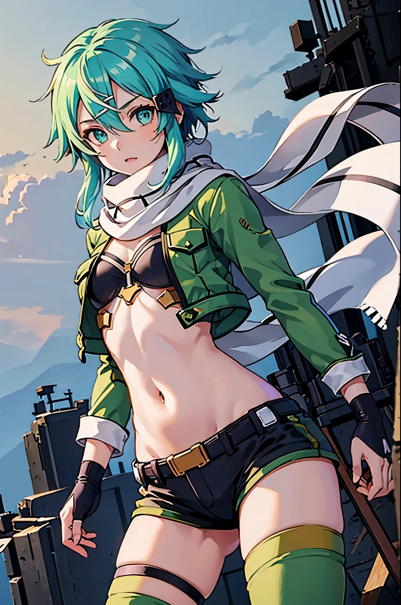 (masterpiece), best quality, expressive eyes, perfect face, highres, sinon1, scarf, fingerless gloves, long sleeves, short shorts,groin, hair ornament, hairclip, green thighhighs, green jacket,covered_nipples, thigh strap, field, sunset_ruins background, ruined structures, standing, looking at the viewer, (from above:1.2),covered_navel,