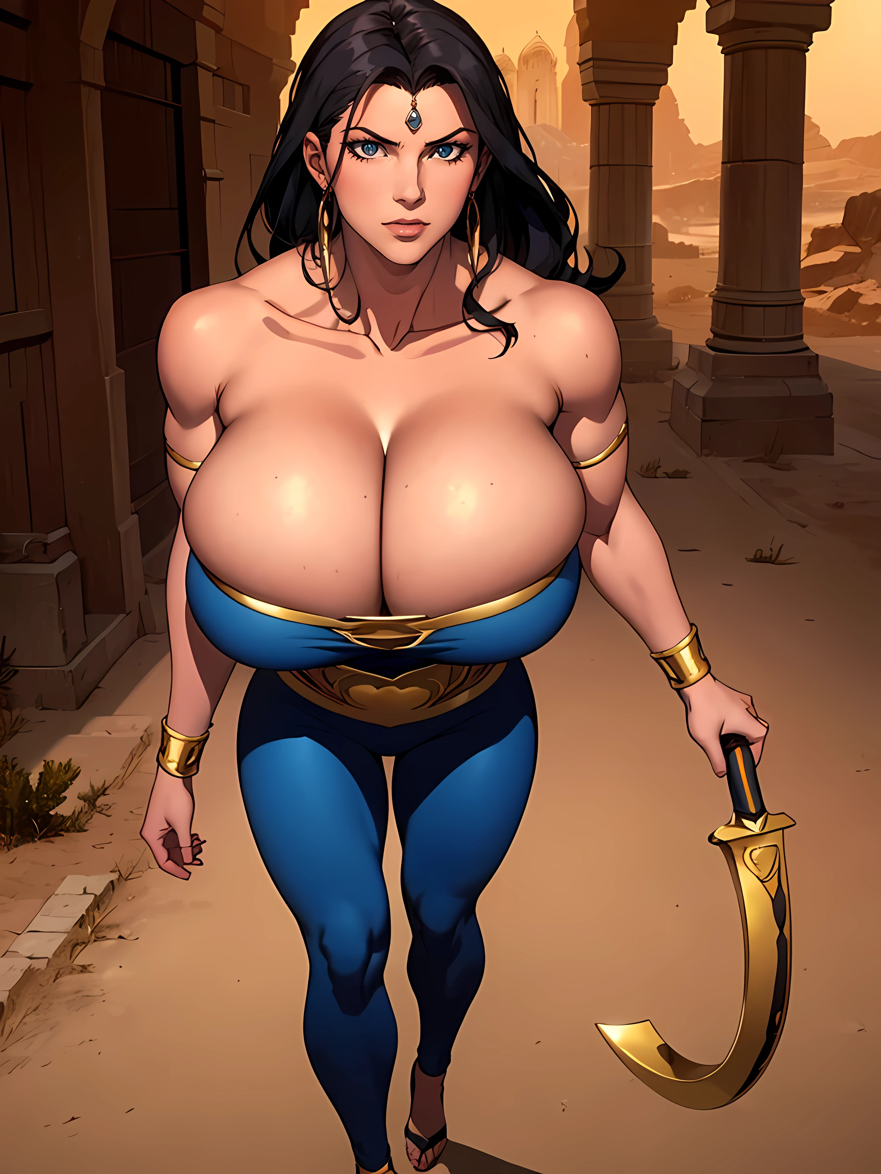 (masterpiece, top quality, best quality, official art, beautiful and aesthetic), ((1girl)), (((massive female bodybuilder))), ((Long Muscular Legs:1.5)), long wavy black hair, tanned skin, extremely detailed, portrait, looking at viewer, solo, ((full body)), detailed background, close up, mischievous eyes, (hot summer desert Arabia theme), Persian duelist woman, dark makeup, charlatan, smirk, mysterious, walking in desert, revealing blue and gold and sapphire Arabian harem girl attire, see through clothes, sheer fabric, poofy blue pants, strapless, off shoulder top, tight top, tight tube top, jewelry, armlets, elaborate necklaces, blue fabric, gold jewelry, precious stones, scimitar, curved sword, ((((gigantic breasts, cleavage, skindentation)))), slim waist, ((wide hips)), ((wide shoulders)), ancient (Arabian palace exterior) background, dark mysterious lighting, shadows, magical atmosphere, dutch angle,