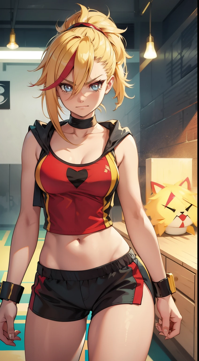 young girl, longue blonde hair, Hairpin with a bundle, turquoise eyes, Yakuza tattoos, red tight uniform, Sleeveless, Wide neckline on the chest to the abdomen, Gold Elements, Red gold armor, Shorts, claws, smirk, Masterpiece, hiquality, 4k, HD, Good detail