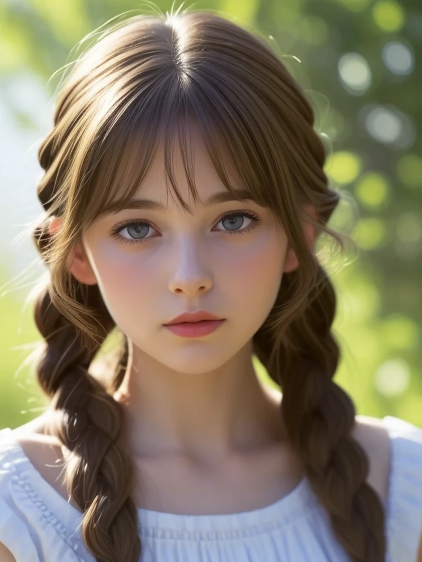 (looking away:1.4), (upper body shot:1.2), Realistic digital painting of a woman portrait, Shy,  Cute, open mouth to say something, sad, blue eyes,  (braid hair:1.1), (light brown brunette hair:1.3), bangs, (Highly detailed skin:1.2), Mystical style, Global Illumination,