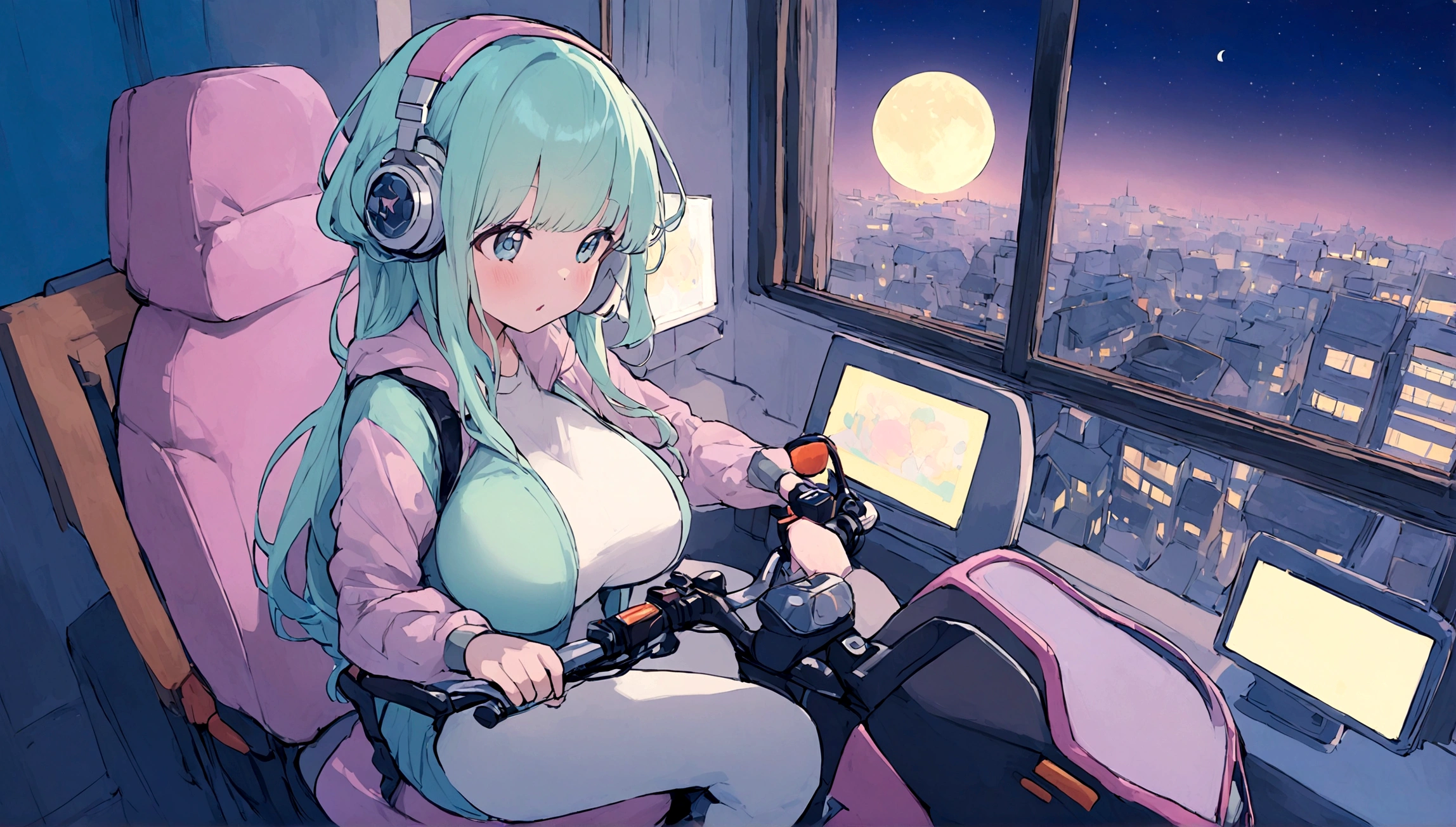 portrait、512、lofi、Girl with headphones sitting in a chair studying、City view outside the window、night、Pastel colors、Painting, lots of stars and moon, super big breast,pank rock,portrait、512、lofi、Girl with bike、City view outside the window、night、Pastel colors、Painting, lots of stars and moon, super big breast,Riding a motorcycle and going for a run.