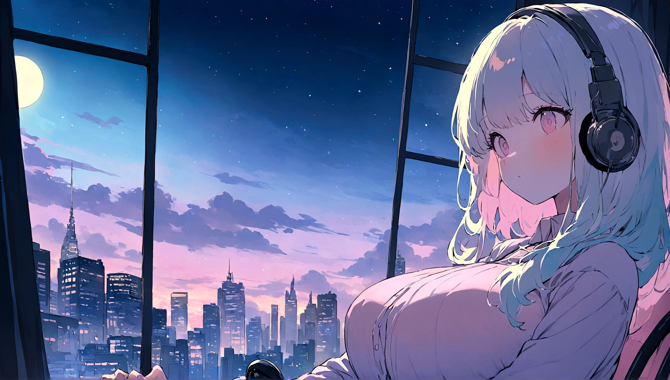 portrait、512、lofi、Girl with headphones sitting in a chair studying、City view outside the window、night、Pastel colors、Painting, lots of stars and moon, super big breast,pank rock,portrait、512、lofi、Girl with bike、City view outside the window、night、Pastel colors、Painting, lots of stars and moon, super big breast,Riding a motorcycle and going for a run.