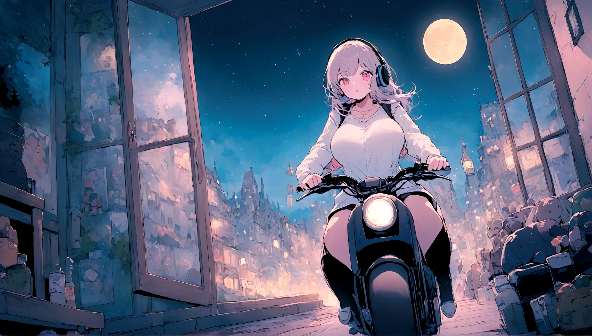 portrait、512、lofi、Girl with headphones sitting in a chair studying、City view outside the window、night、Pastel colors、Painting, lots of stars and moon, super big breast,pank rock,portrait、512、lofi、Girl with bike、City view outside the window、night、Pastel colors、Painting, lots of stars and moon, super big breast,Riding a motorcycle and going for a run.