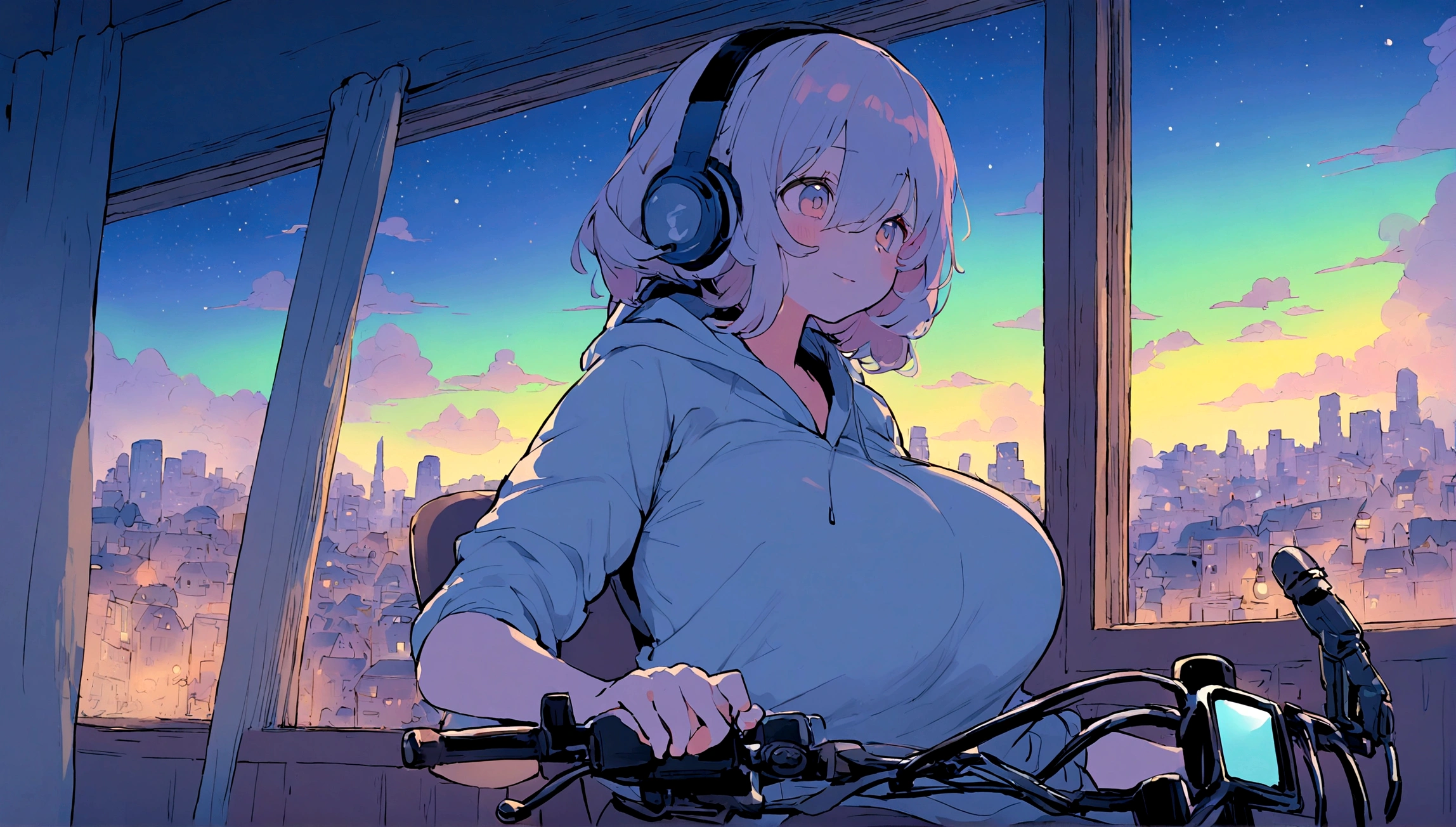 portrait、512、lofi、Girl with headphones sitting in a chair studying、City view outside the window、night、Pastel colors、Painting, lots of stars and moon, super big breast,pank rock,portrait、512、lofi、Girl with bike、City view outside the window、night、Pastel colors、Painting, lots of stars and moon, super big breast,Riding a motorcycle and going for a run.