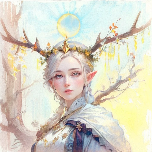 (masterpiece), (best quality), 8k resolution, 1girl, Asian girl, stunning beauty, perfect face, big breast, mature female, 20yo, sexy, deer ear, huge deer horns, long hair, white hair, riding a deer, simple background, full body, deer body, white flowers at background