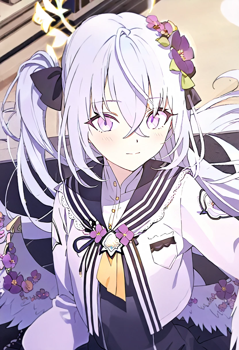  azusa \(blue archive\), 1girl angel_wings black_sailor_collar blush closed_mouth crescent_halo crossed_bangs feathered_wings flower hair_between_eyes hair_flower hair_ornament halo hand_up long_hair long_sleeves looking_at_viewer necktie purple_eyes purple_flower sailor_collar school_uniform shirt smile solo upper_body white_background white_hair white_shirt white_wings wings yellow_halo yellow_necktie