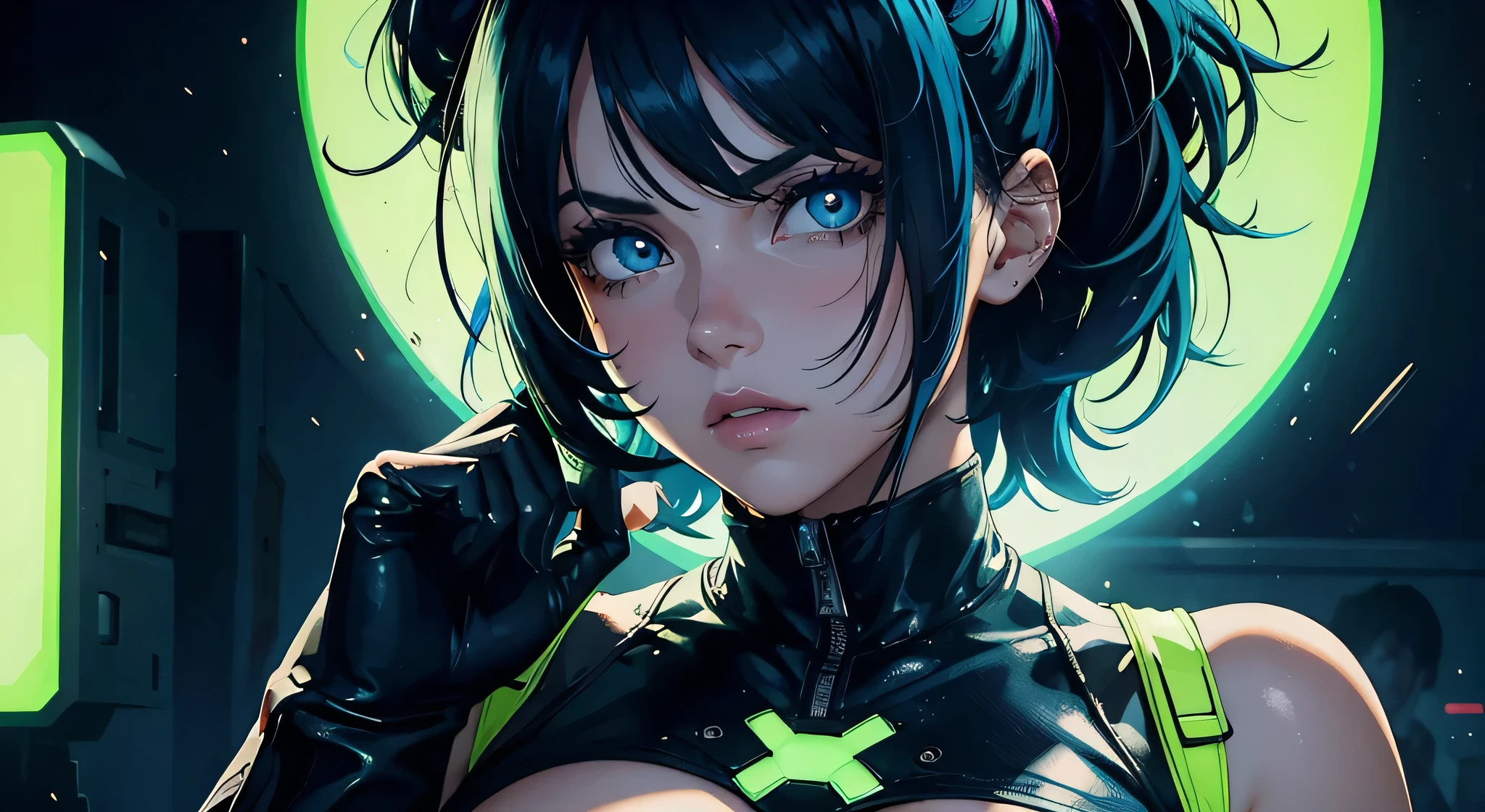 garota cyberpunk com blusa neon geen e terno de couro justo, rosto de perto, 4k, A high resolution, Best quality at best, Obra de arte, cores perfeitas, sombra perfeita, Roupa perfeita, ((retrato esportivo)), 1 mulher, corpo musculoso, olhos amarelos brilhantes，cabelo azul escuro , olhos azuis, Com lentes redondas, The audience watched attentively, (cara: 1.2)