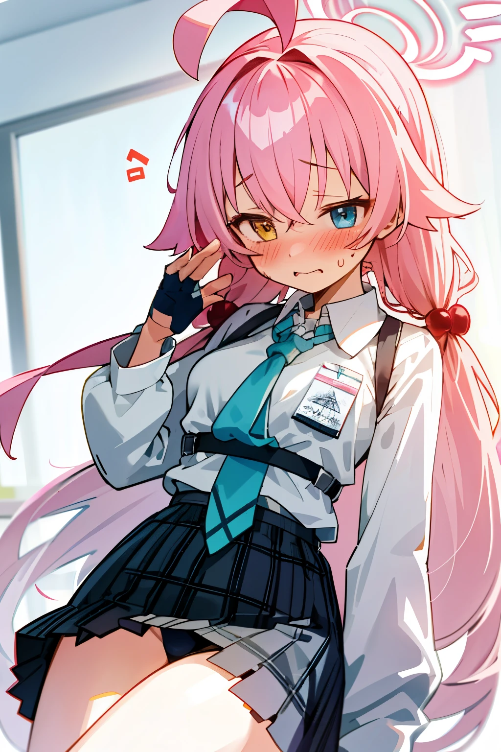 Hoshino (Blue archive), a girl with long uniform hair, pink hair, looking to the camera, embarrassed face, blushing, bra visible, classroom, best quality, High quality, big breast, Big ass, big hips, Good thighs