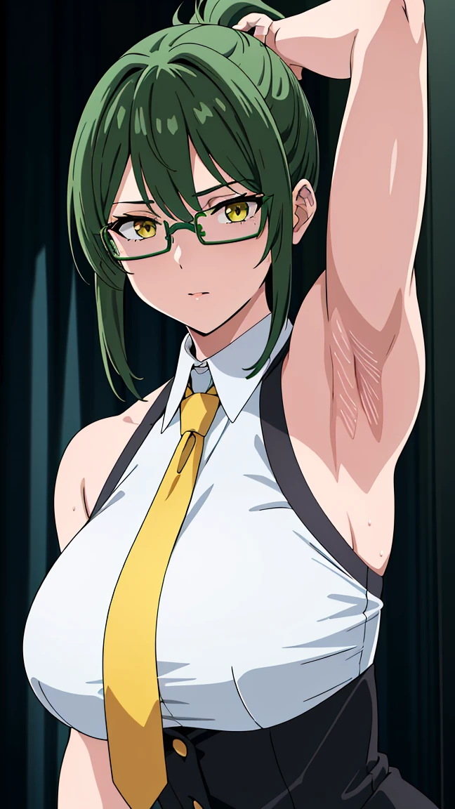 (best quality:1.5, highres, UHD, 4K, detailed eyes, detailed lighting, detailed hair, shaders), dark green hair, ponytail, bangs,cool woman, cool girl, sharp eyes, yellow eyes, beautiful, large breasts, formal suit, sleeveless, necktie, glasses, armpits, detailed armpits